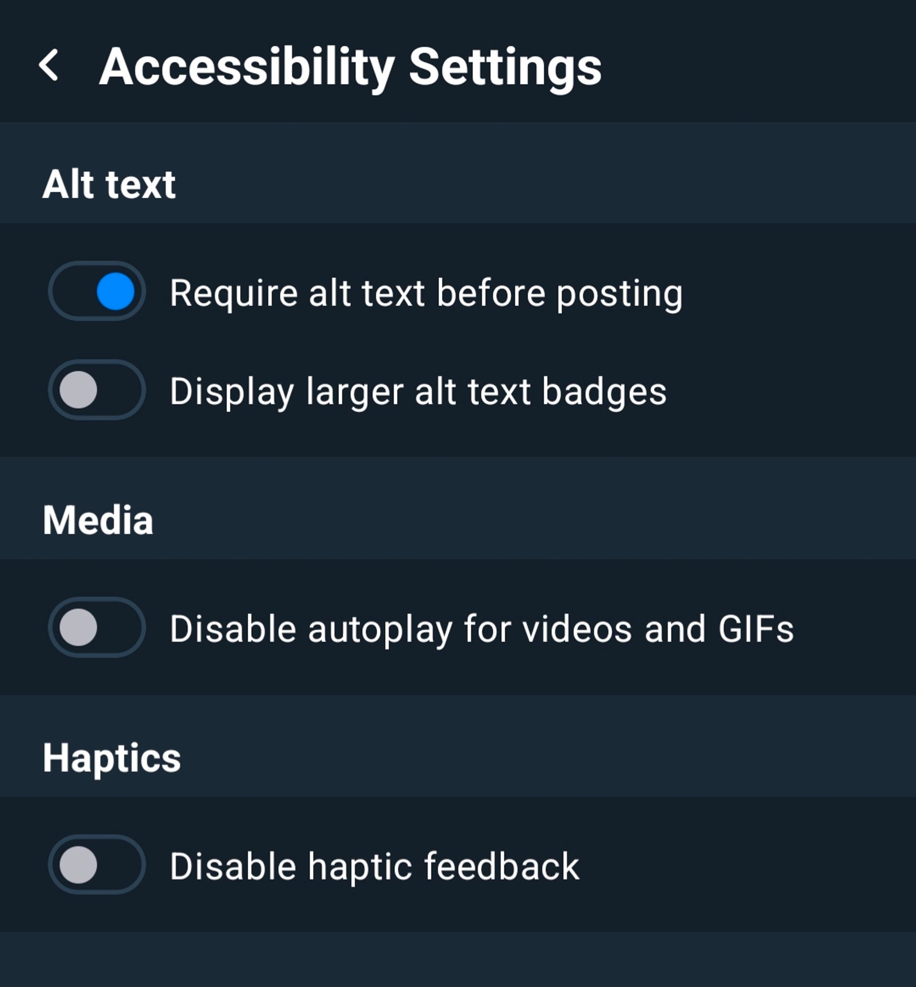 Bluesky Android client settings: Accessibility Settings has the option to disable autoplay for videos and GIFs.