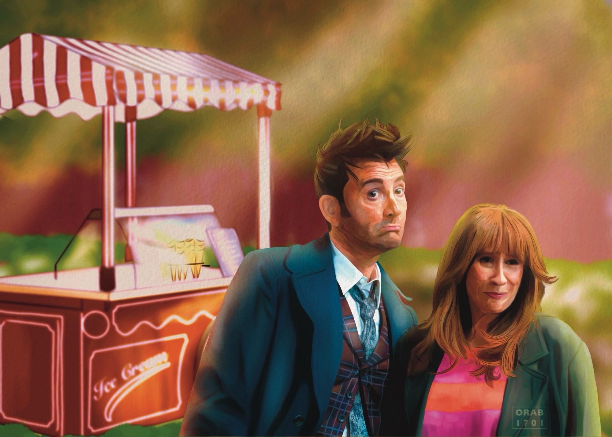 Digital painting of the Fourteenth Doctor (David Tennant) and Donna Noble (Catherine Tate) from Doctor Who, looking pleadingly at someone off-camera. Behind them is a red ice-cream trailer. The scene is set in a green park.