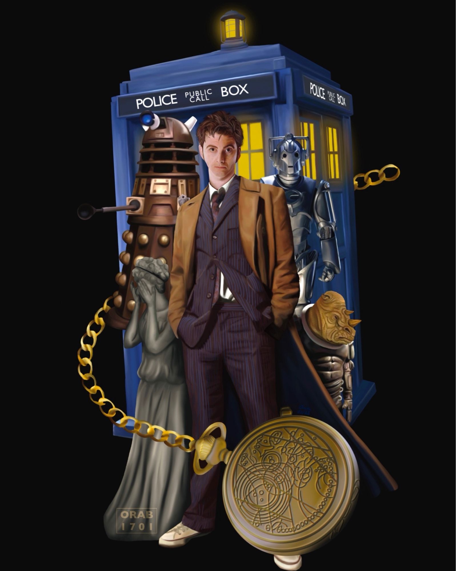 Digital painting of the Tenth Doctor (David Tennant) standing in front of many of his iconic enemies (Dalek, Cyberman, Judoon, Weeping Angel). Behind them is the ever-present strength of the Tardis, and at the Doctor's feet is the Master's fobwatch.