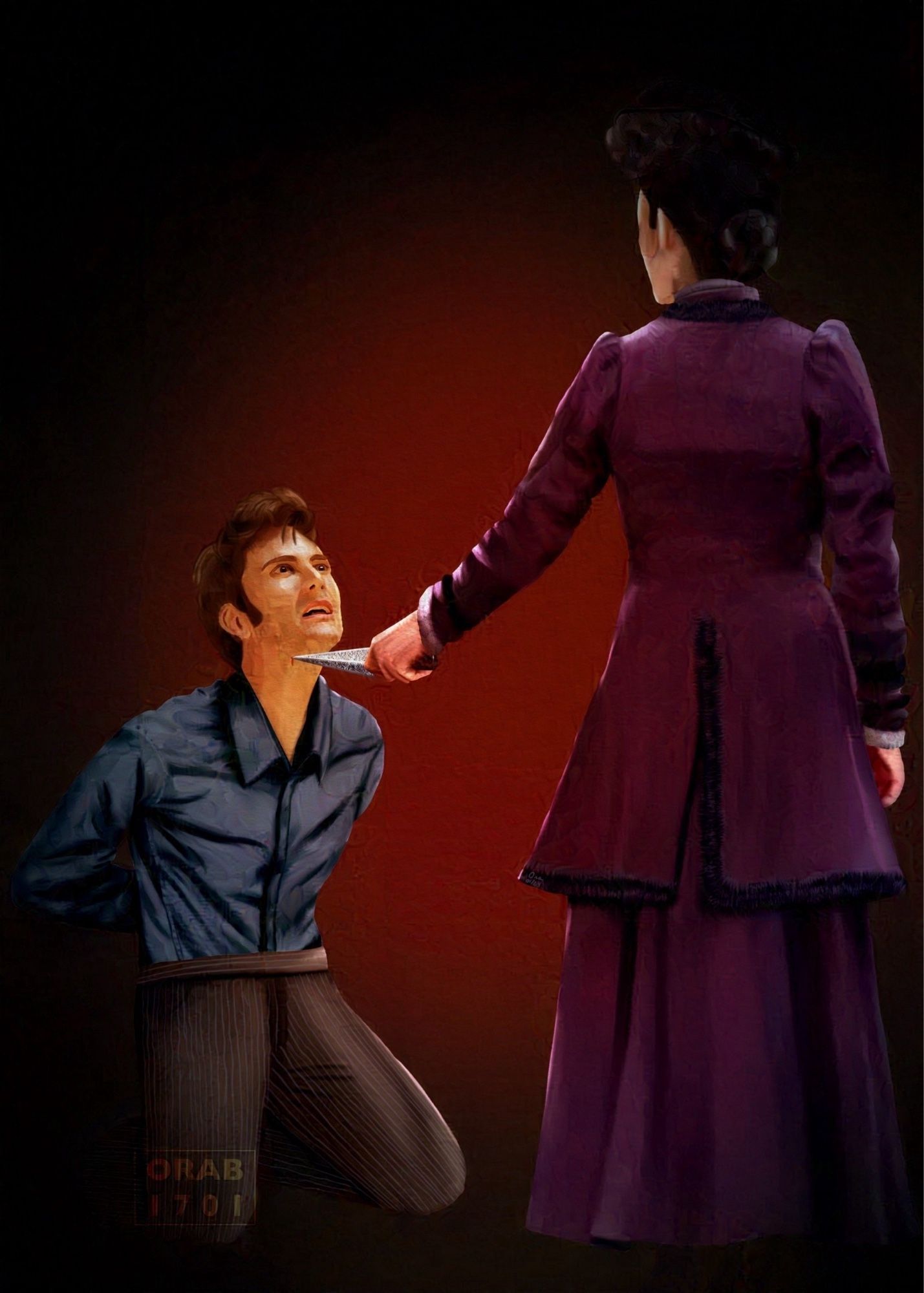 The Tenth Doctor (played by David Tennant) kneeling, looking up at the Master (Missy, played by Michelle Gomez) who is holding an ornate kn!fe under his chin.