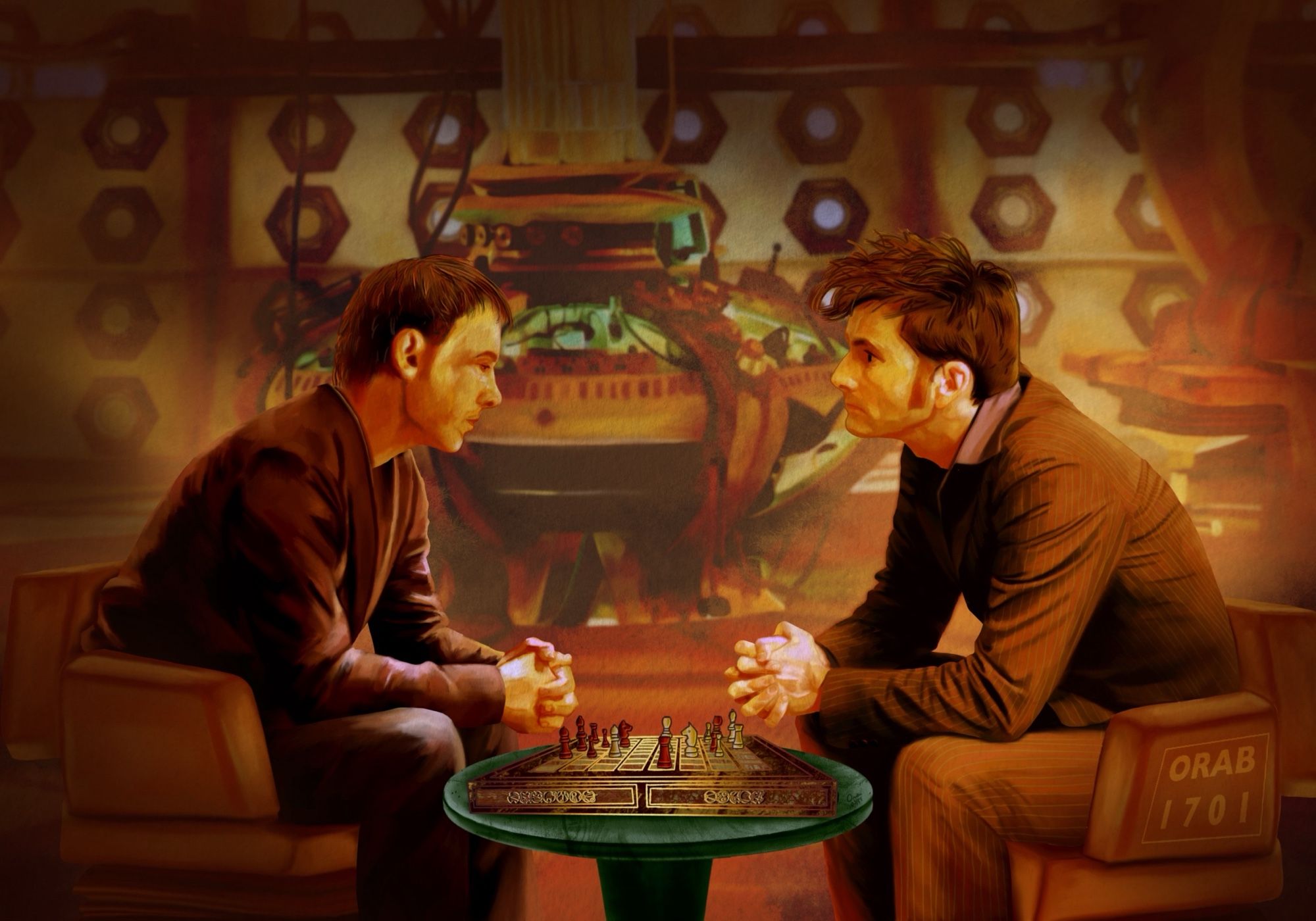 Digital painting of the Tenth Doctor (David Tennant) and the Master (John Simm) playing chess in the TARDIS (Doctor Who)