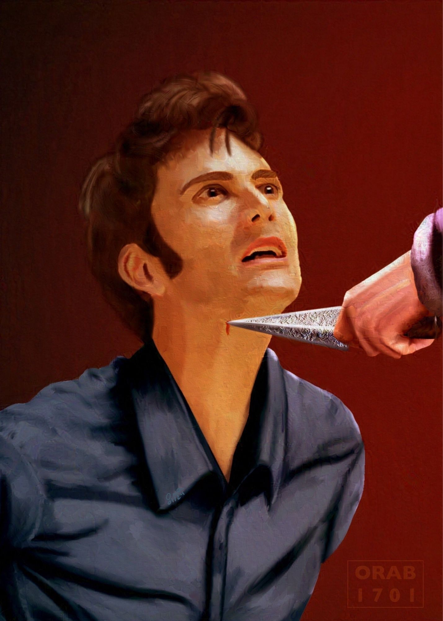 The Tenth Doctor looking up, an ornate knife under his chin.