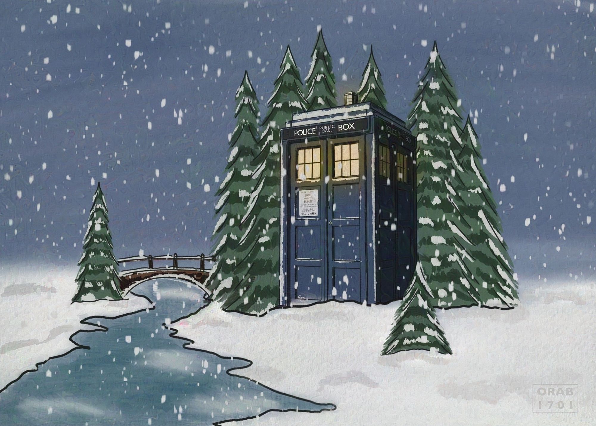 Digital painting of a snowy winter scene. The Tardis (Doctor Who), its windows lit by a warm yellow light, is nestled in a copse of pine trees, next to a stream and a wooden bridge. Heavy snowflakes fall from a blue-grey sky.