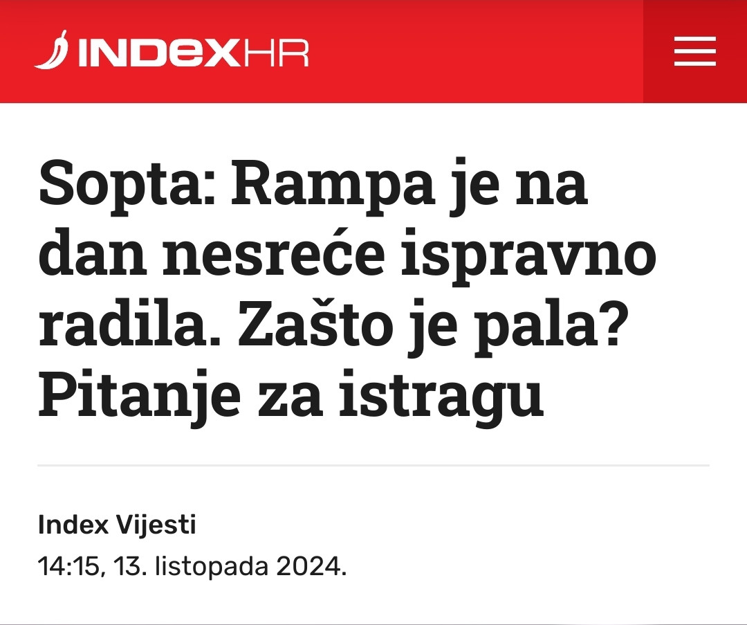 naslov s index hr

Sopta: Rampa je na dan nesreće ispravno radila. Zašto je pala? Pitanje za istragu

Index Vijesti
14:15, 13. listopada 2024.