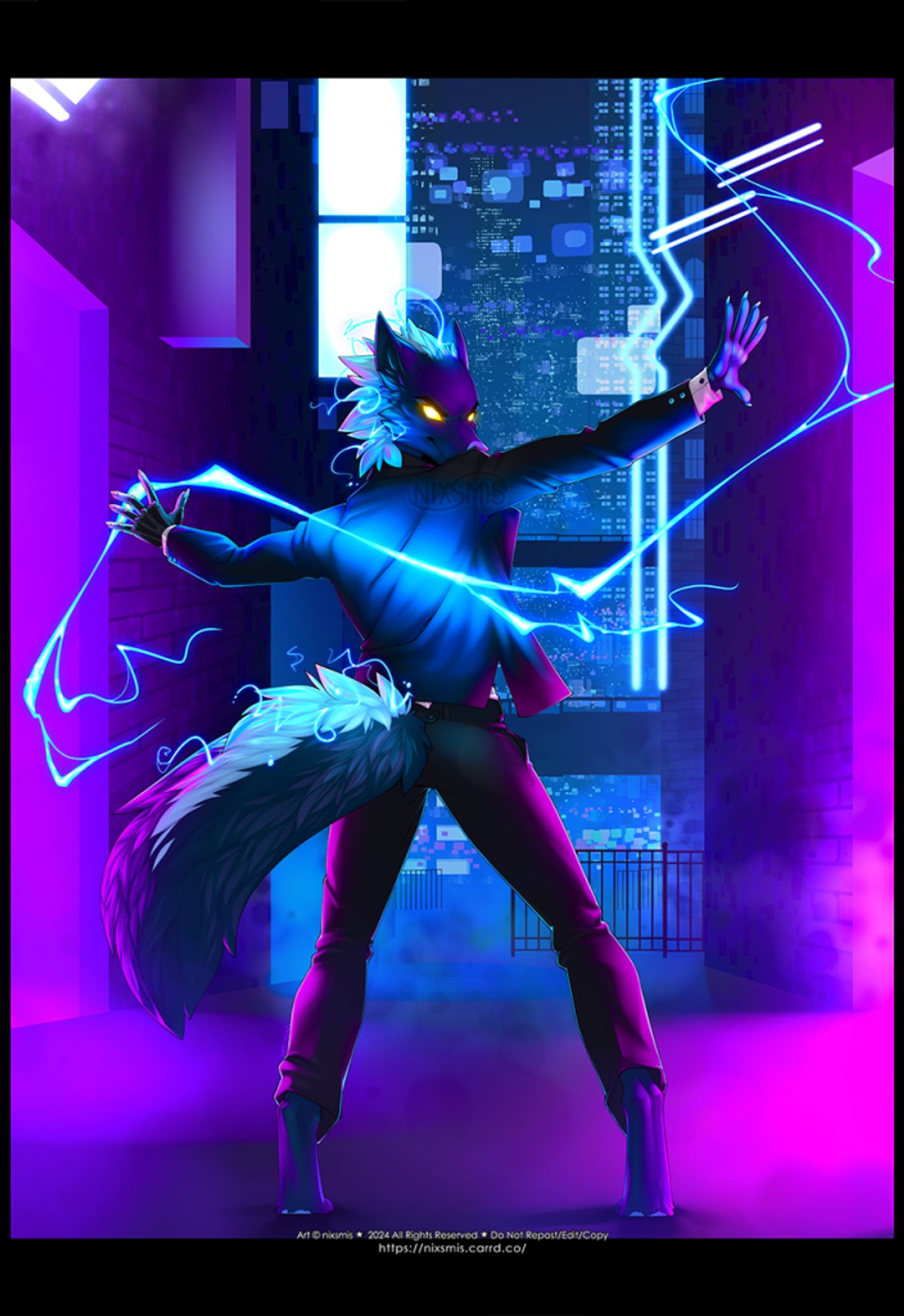 a digital illustration of a dark blue anthro wolf in a suit, standing in a dark alleyway of a cyberpunk city. his back is mostly to the viewer, but he's twisted a bit to see his face, feet set apart and arms flung out to the sides as a bolt of blue lightning snakes its way across the image, from one hand to the other. his eyes glow yellow and the city lights around him are in colors of pink and purple and blue and teal