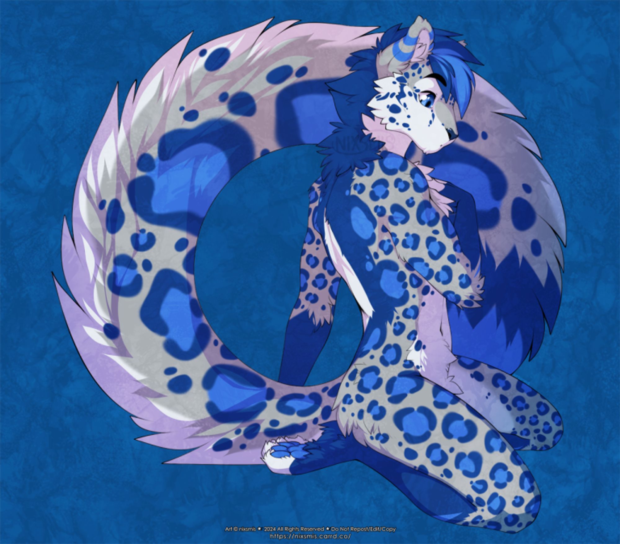 a digital drawing of a blue and gray anthro snow leopard. this snep is normally an arctic fox, and was suddenly transformed for sneptember, the shock on their face evident as they look down at their new form, one hand held to their chest fluff. their gray and white fur seem mostly normal, but now their blue markings have expanded to include rosettes all across their body, accompanied but a long fluffy tail arcing past their head in a circle as they kneel