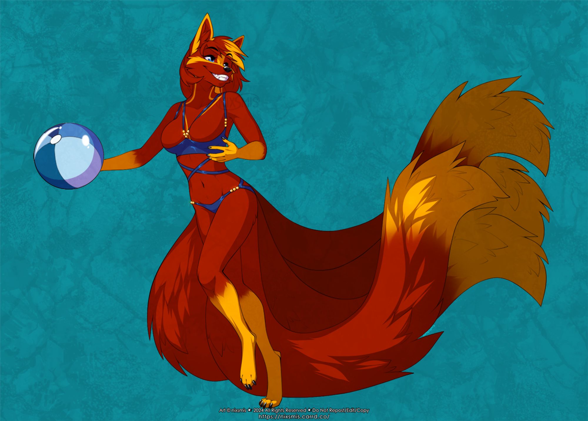 a digital drawing of a bright red and gold Dreamspinner (not to be mistaken with a kitsune) with five long tails. she has a big grin on her face and is running to catch a beach ball, one arm outstretched. she's wearing a strappy royal blue bikini that only has 1/4 cups and doesn't actually cover her boobs XD