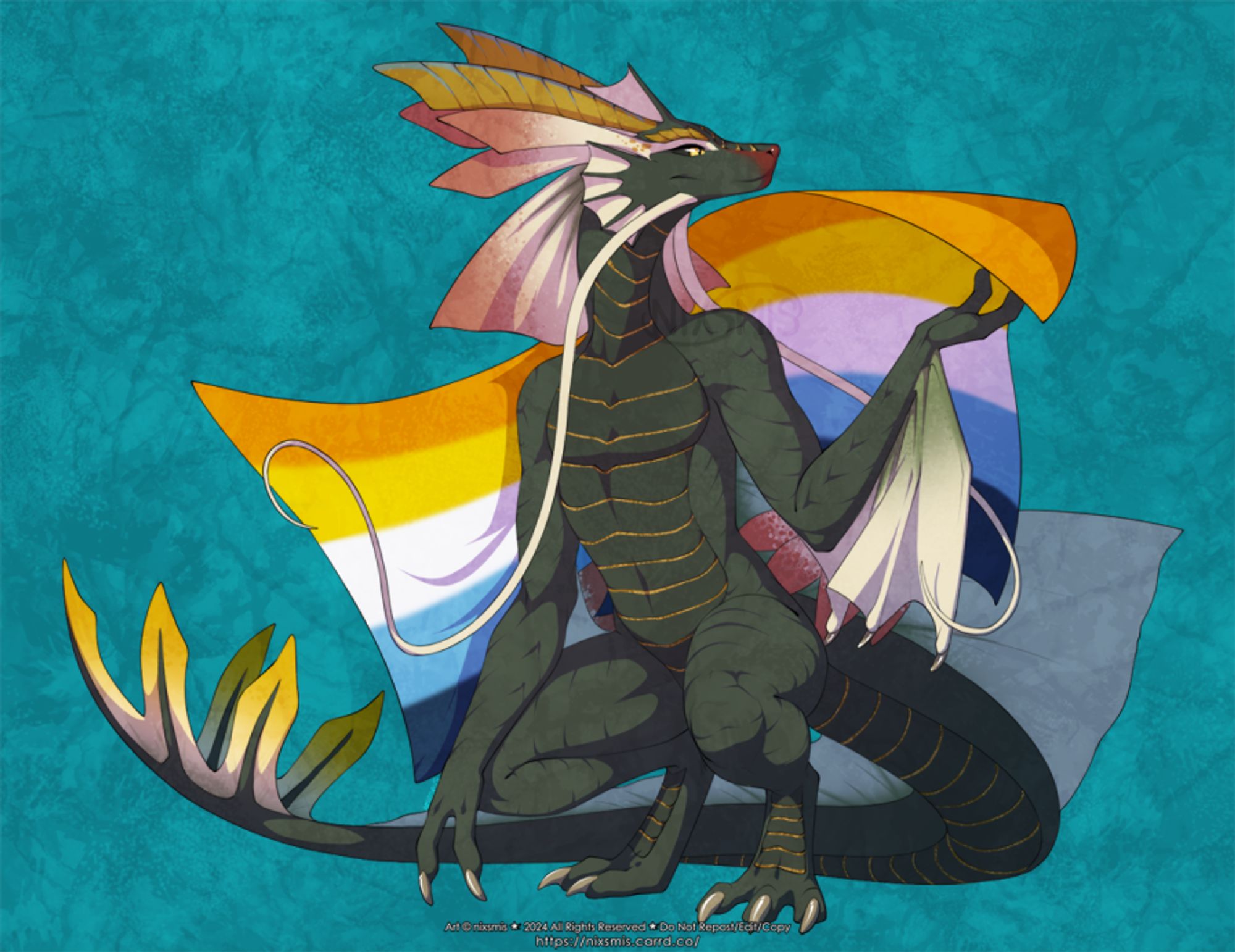 an anthro dragon crouches down, head perked and looking off to the right. using wind magic to secure a point, an aroace flag waves behind her