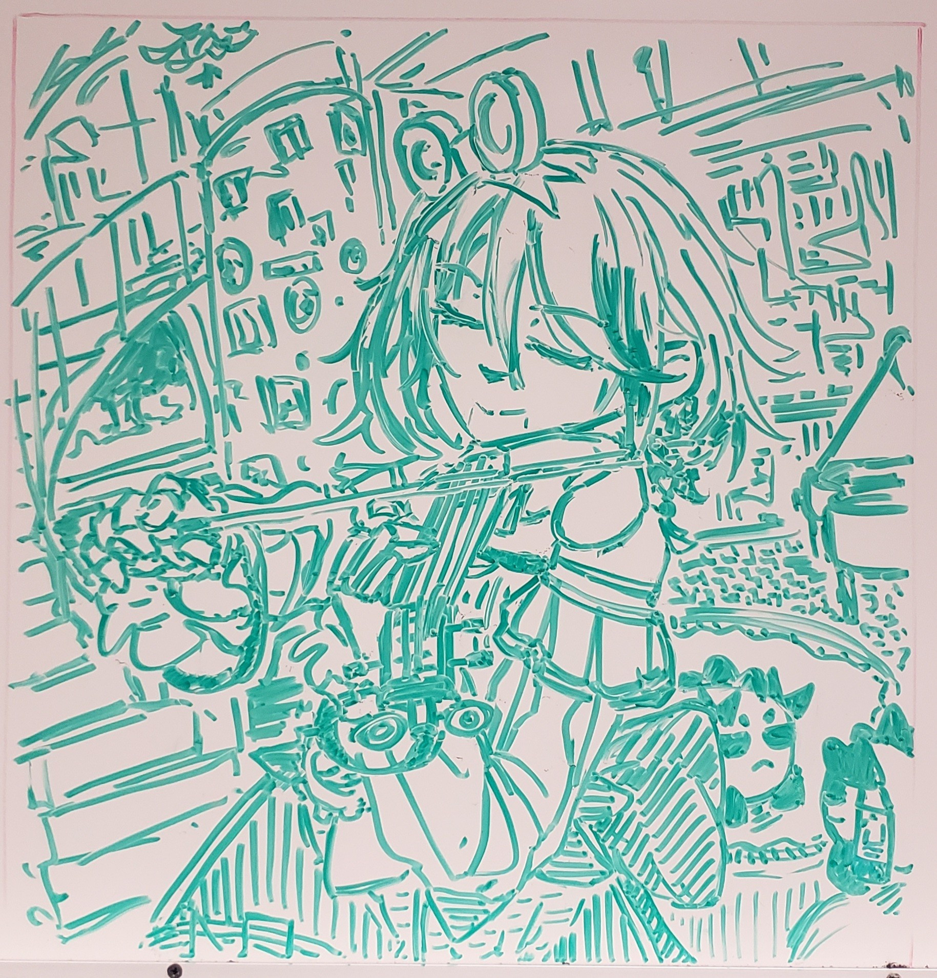 Whiteboard art of Cecilia from HoloEN playing her violin