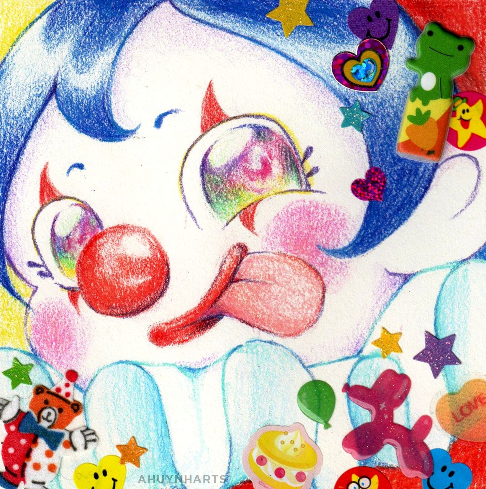 Traditional drawing of a primary color clown girl sticking their tongue out. There are stickers on the border.