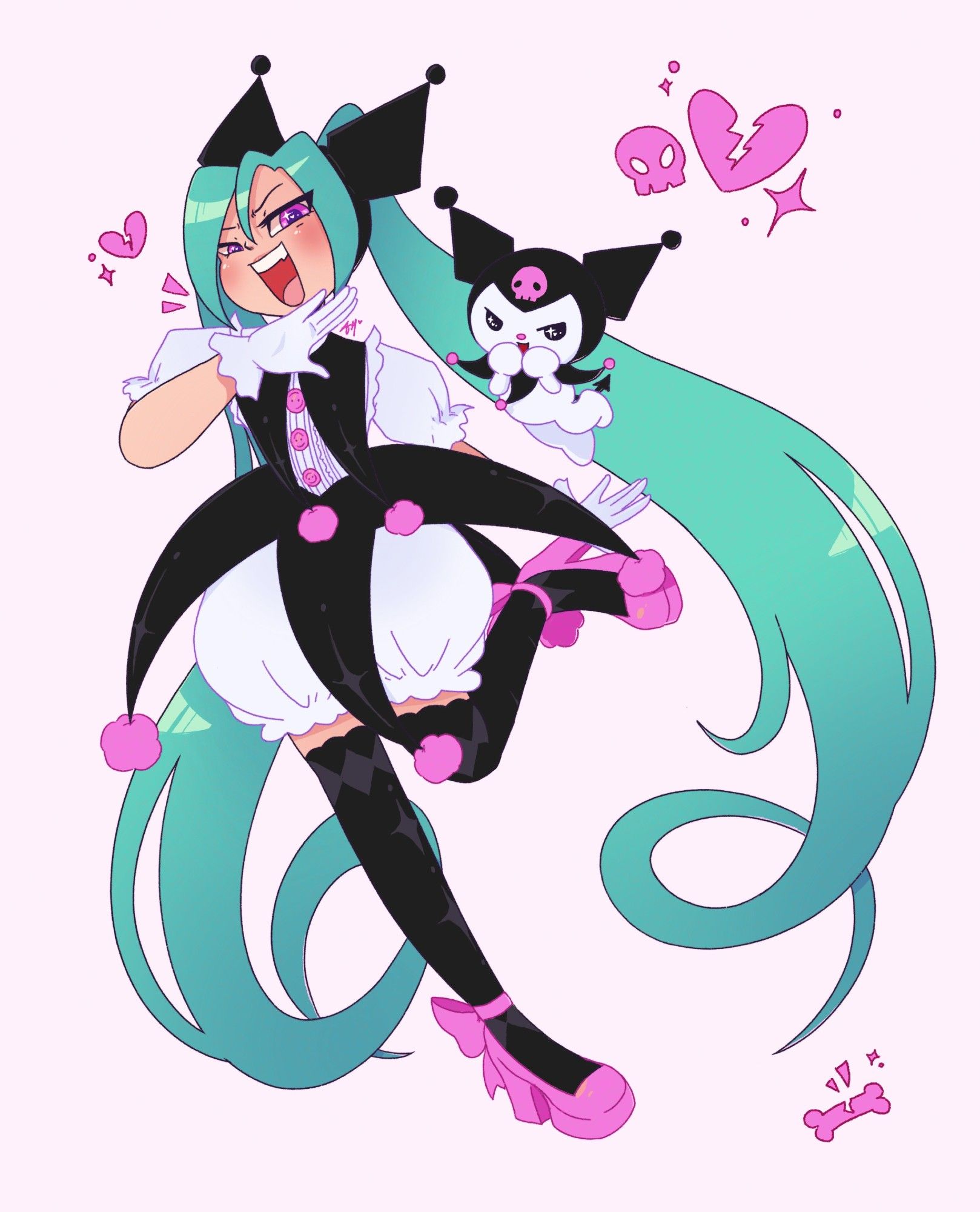 Digital drawing of Hatsune Miku with Kuromi from Sanrio. Miku is wearing a Kuromi inspired outfit.