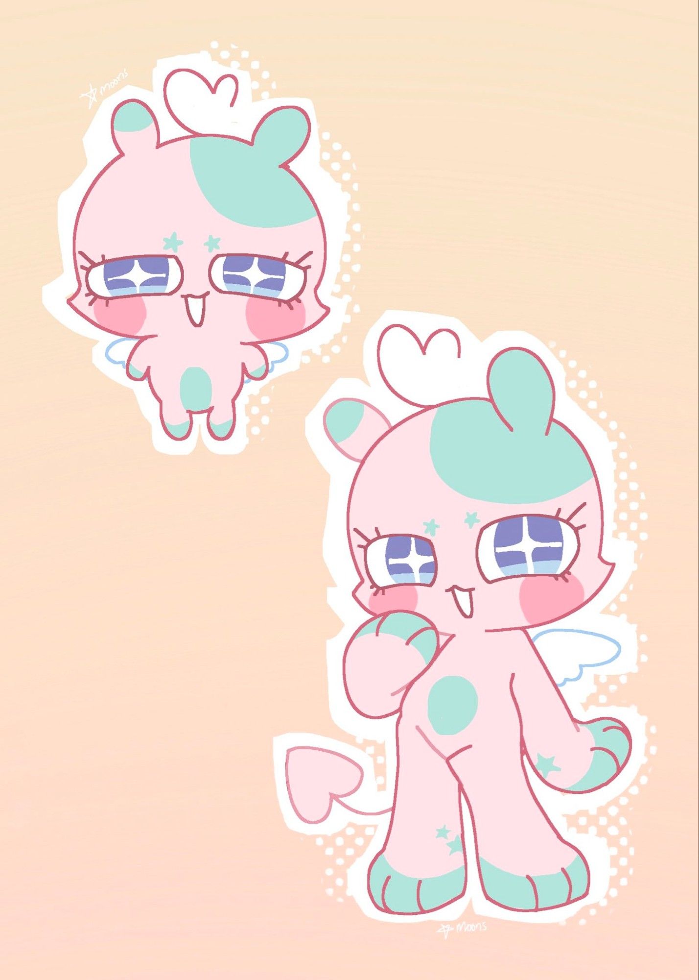 🔸Digital illustration of self sona in chibi and bipedal form. Pink creature with angel wings and teal spots on all limbs and ears. Biggest teal spot is on the right ear. Has two teal stars above blue eyes. Bipedal form has paws with misc. star shapes and a heart devil tail.