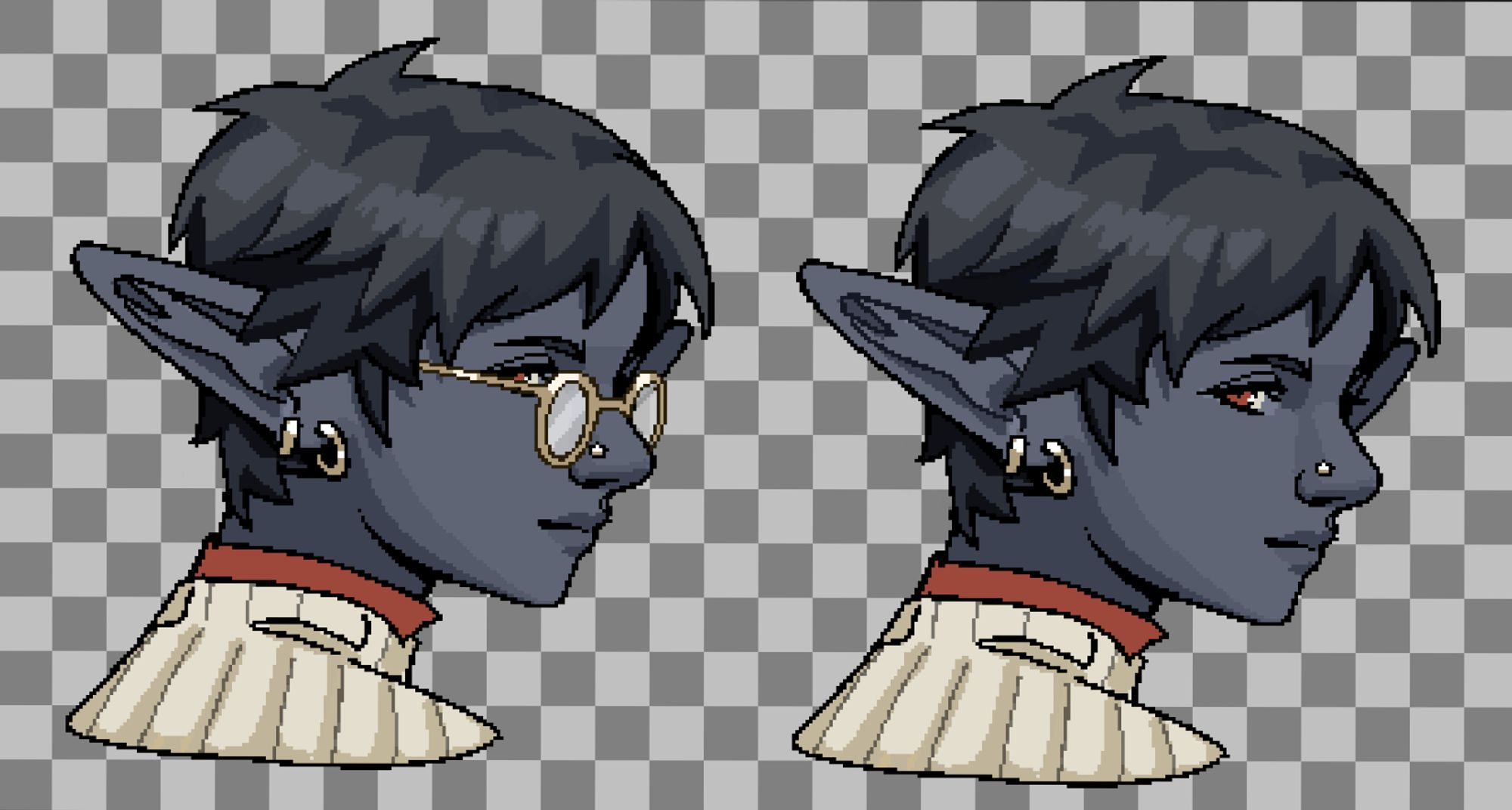 Two portraits of an elf with casual clothes and accessories. She has short dark hair, gray skin and wears two gold earrings and a nose piercing. She wears a vanilla-colored sweater with a red shirt. The only difference between the portraits is that in the second one she is wearing rounded golden glasses.