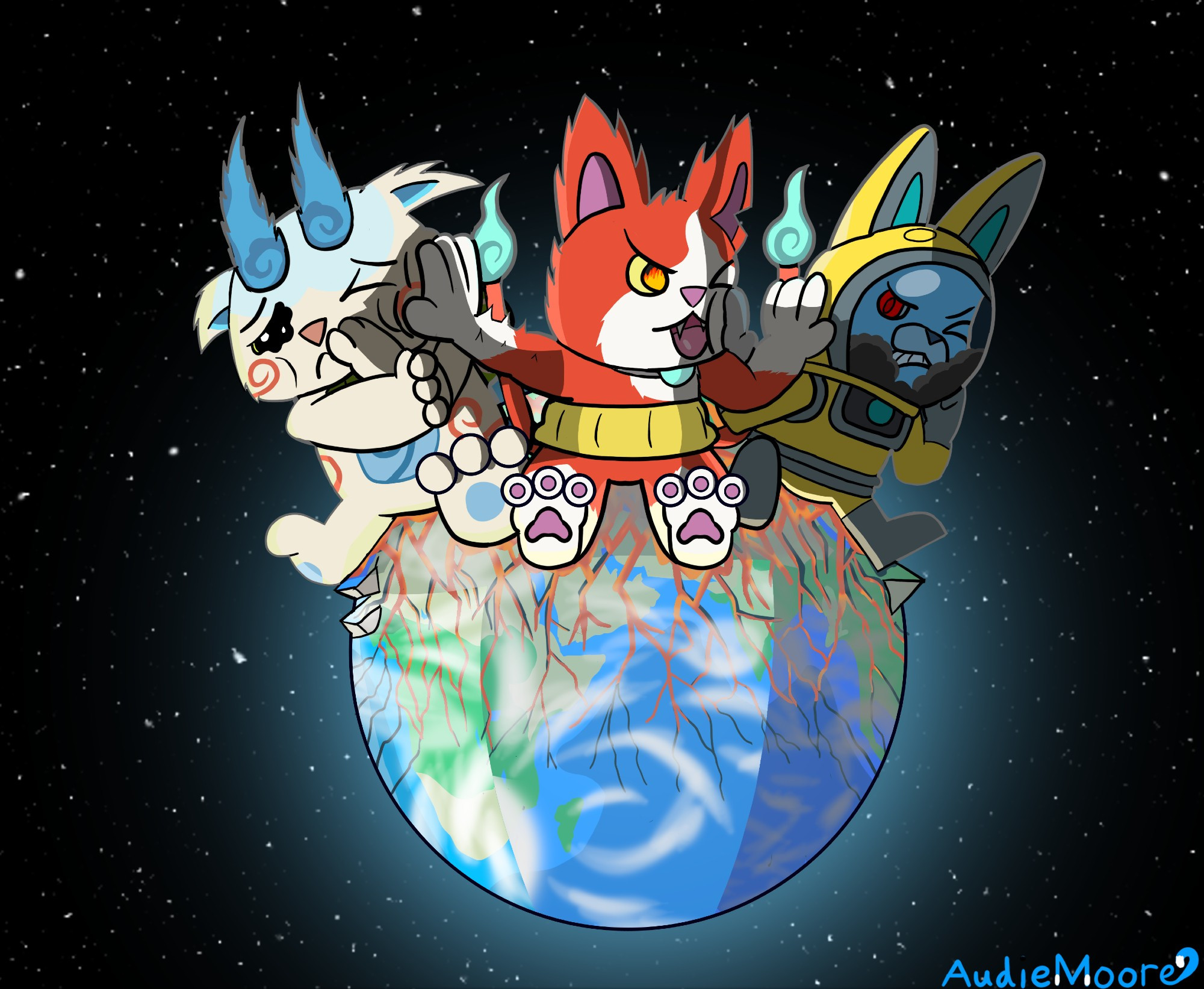 Jibanyan fighting against Usapyon and Komasan for planetary seating.