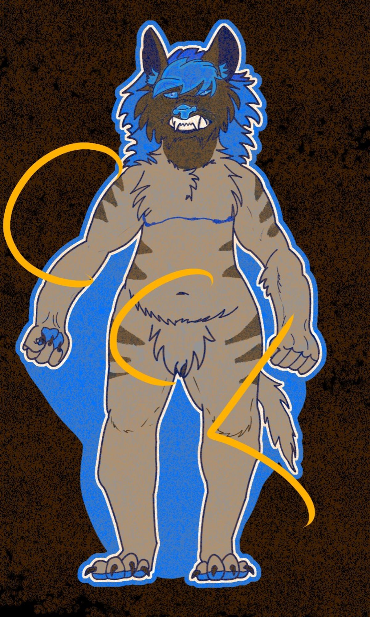 A digital drawing of my original character, an electric blue and grey striped hyena. He is standing in a power stance and his arms are down but flexing. He is grimacing with a full mouth of sharp teeth at the viewer. His mane is longer than usual covering his eyes a little and flopping on the forehead instead of straight up.