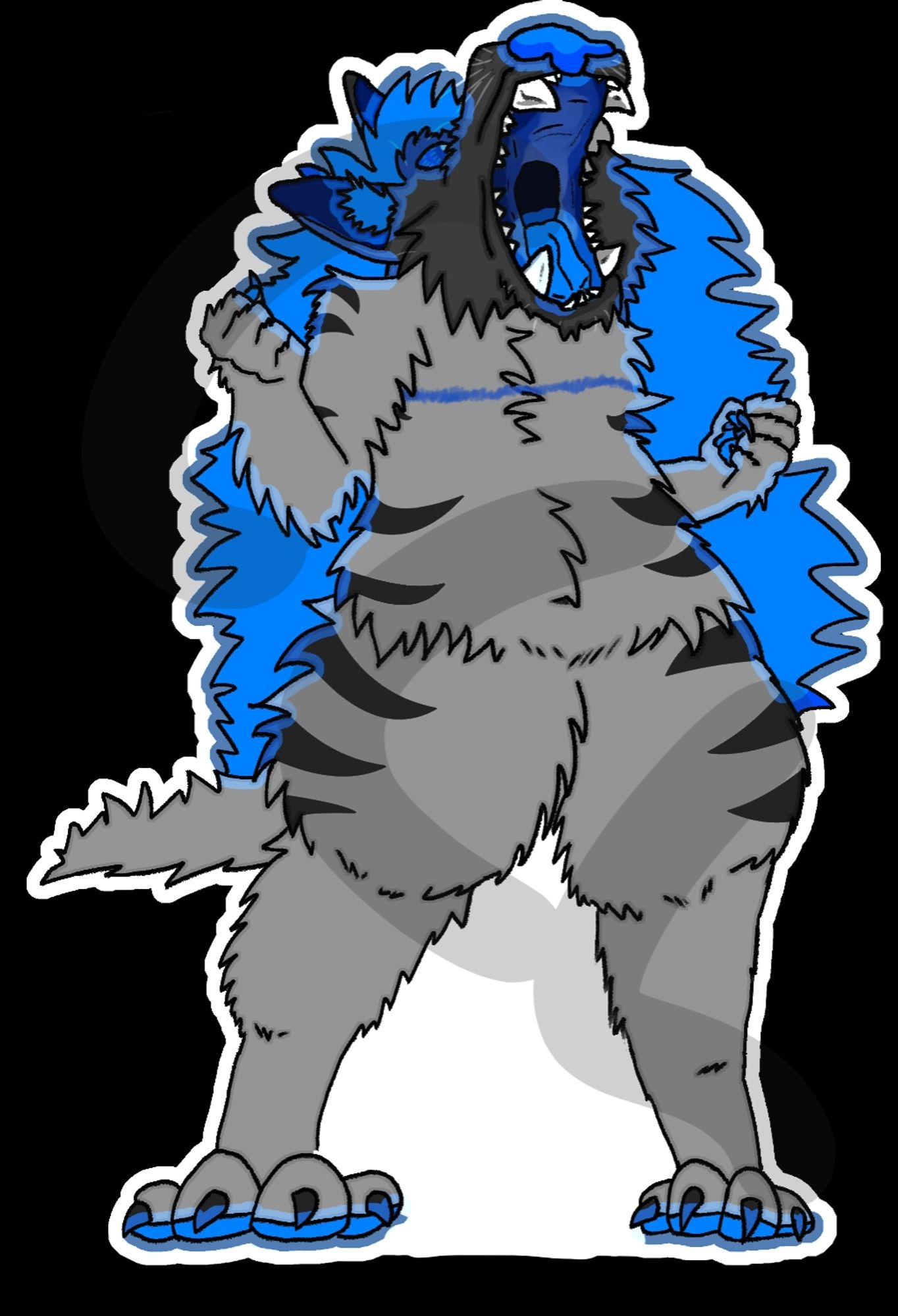 A digital drawing of my striped hyena original character. An anthropomorphic grey and electric blue striped hyena with electric blue mane, paw pads, nose, and eyes. He is in a powerful stance with legs shoulder width apart and arms flexed and hands clenched into fists. He is screaming upwards to the sky with a wide toothy maw. The mane is fluffed out to maximum width, silhouetting the character