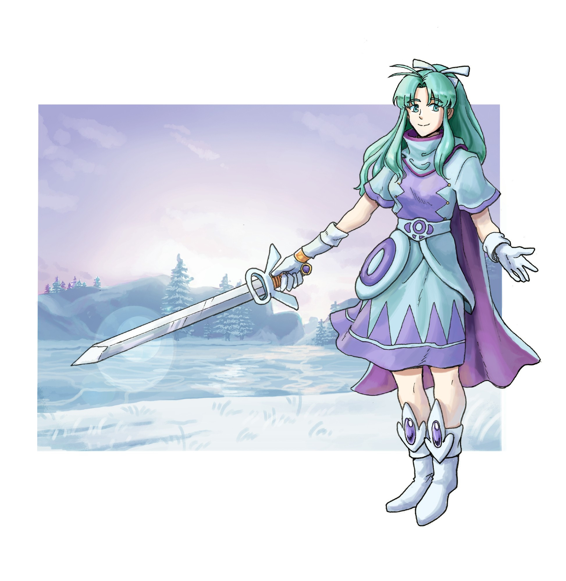 Mia from Golden sun but her outfit is adapted to be more warrior like, and she has a sword. a snowy river scene is behind her.