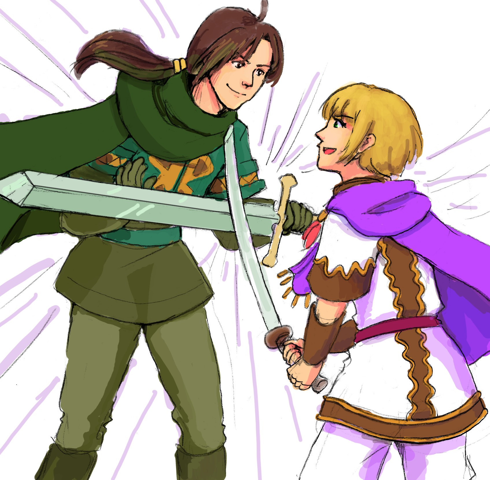 felix from golden sun and sheba from golden sun are practicing swords