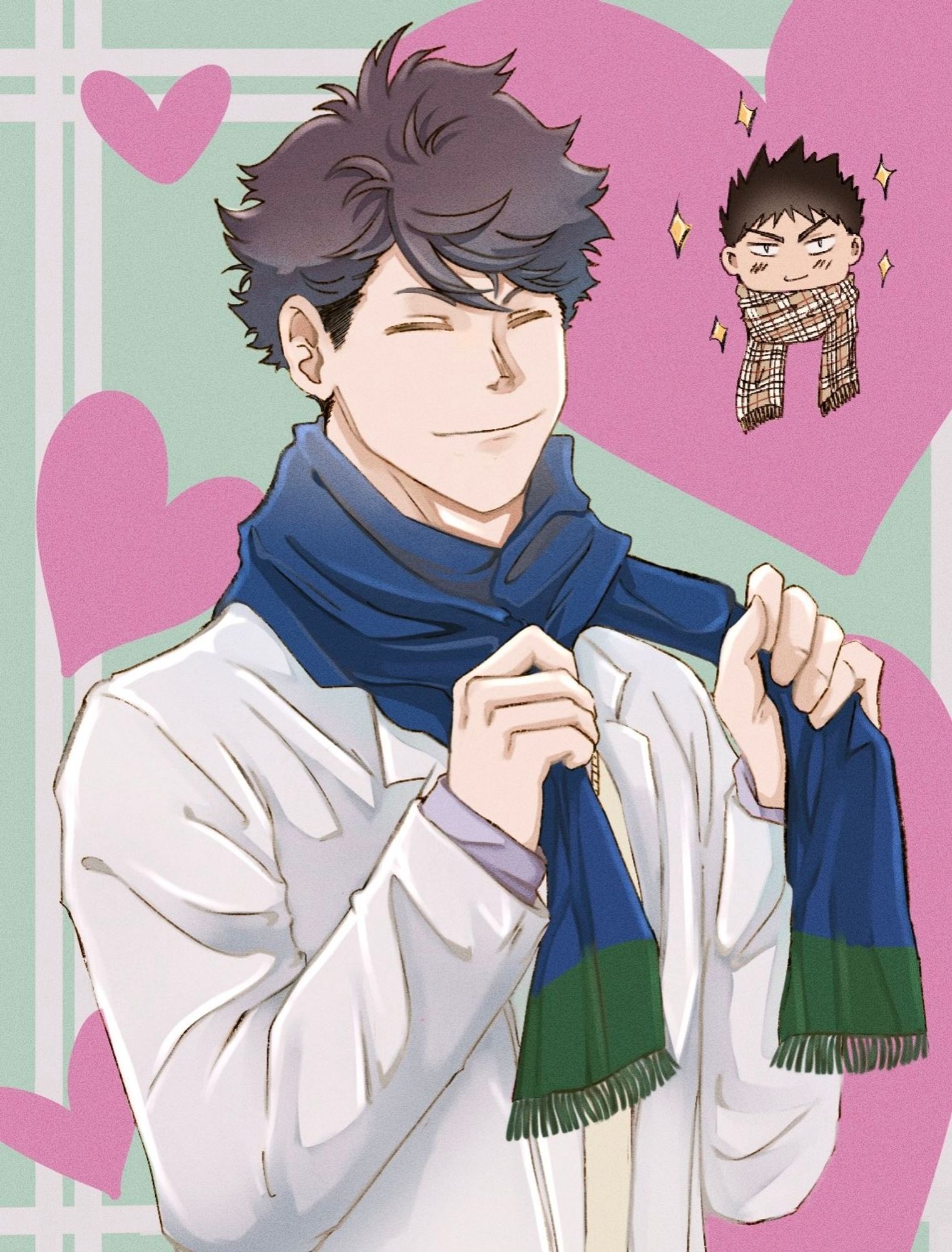 Iwaoi exchanging their scarves and looking happy about it