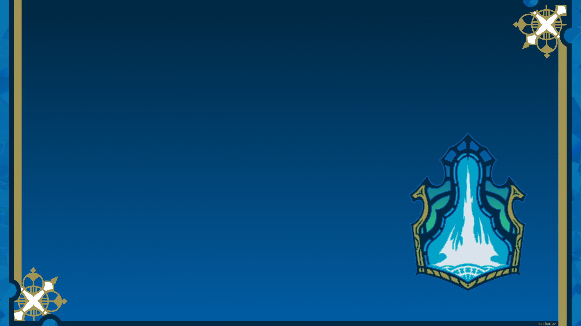 Desktop background inspired by the Crystarium emblem from FFXIV. It has the emblem in the lower right corner on a dark blue to blue gradient, with right and left borders inspired by banners around the Crystarium.