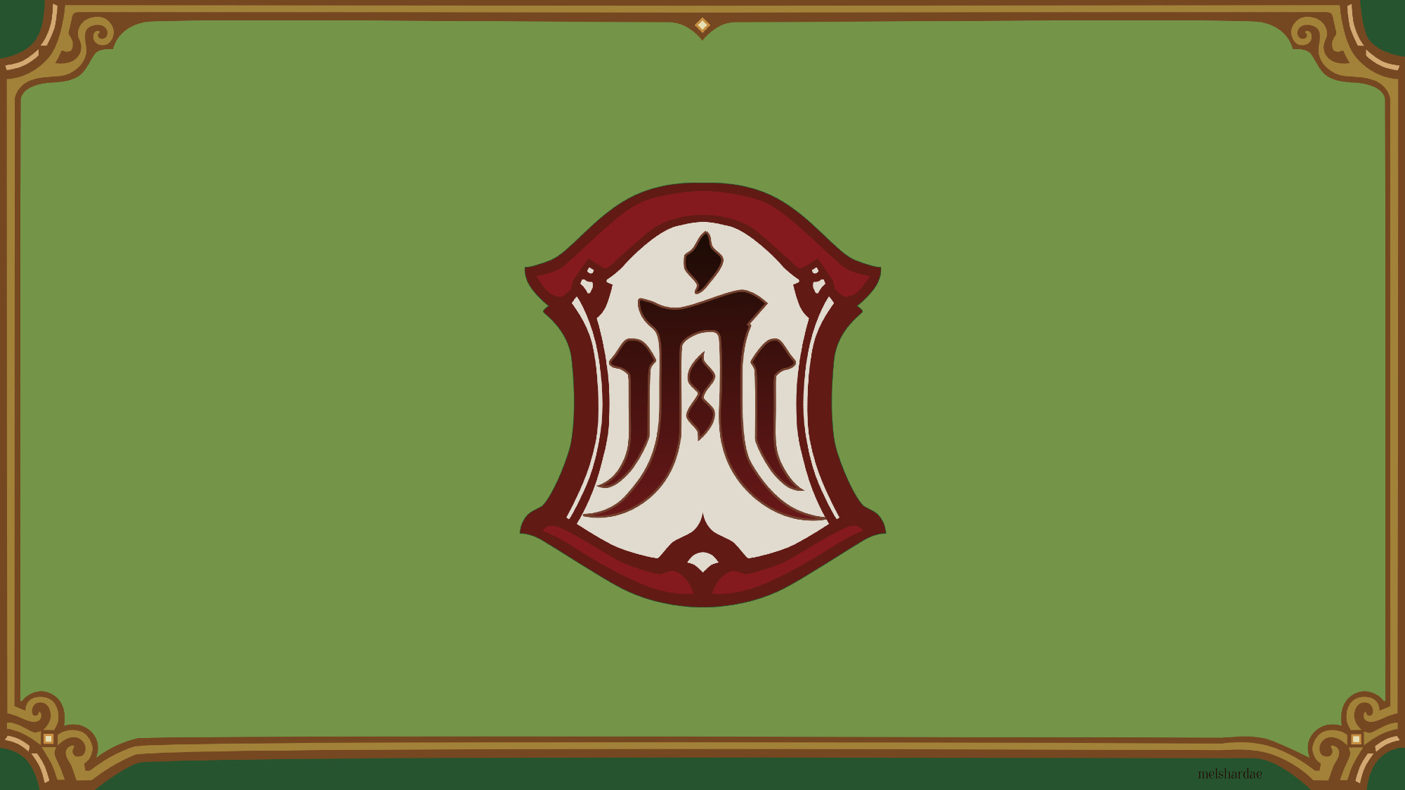 Desktop background inspired by the Doman flag from FFXIV. It has the crest in the middle on a mid green background, with elements from the rest of the flag around the outer edges.