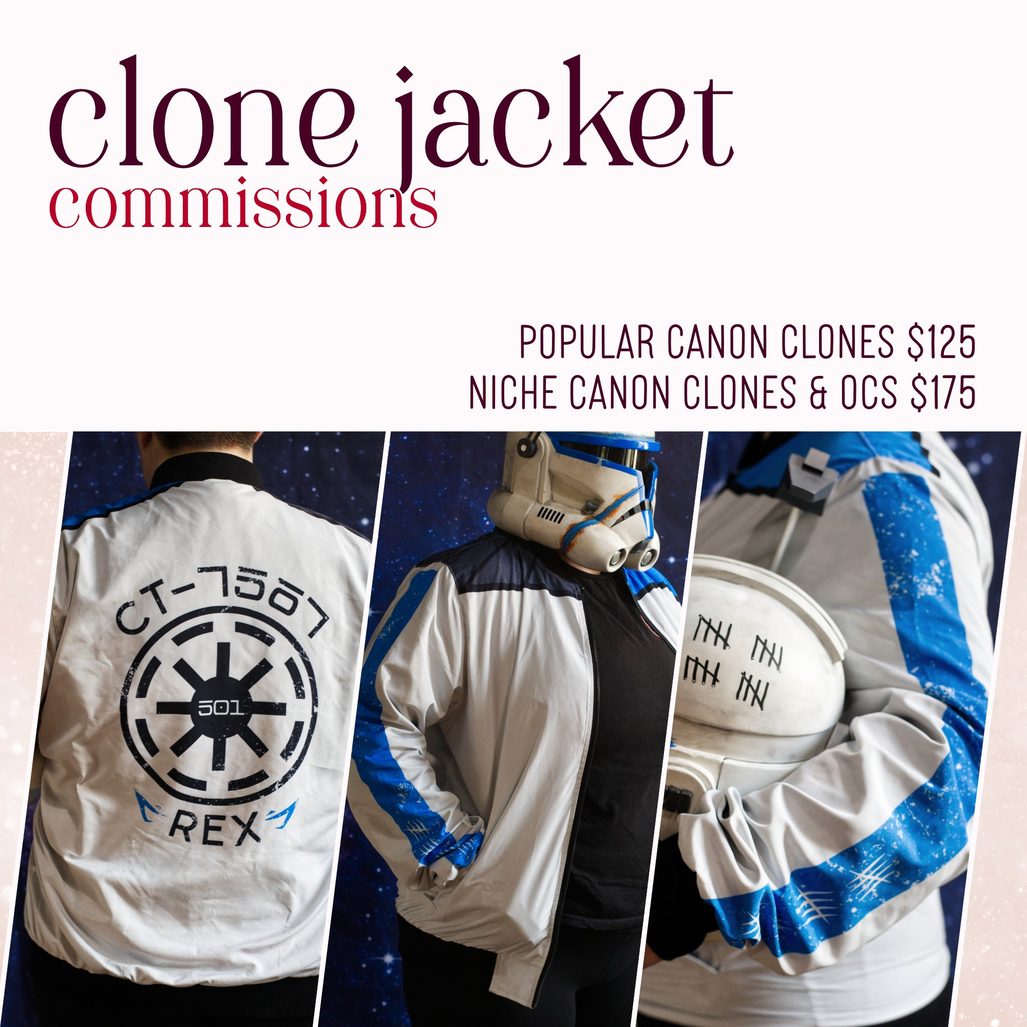 Clone Jacket Commissions

Popular Canon Clones $125
Niche Canon Clones & OCs $175