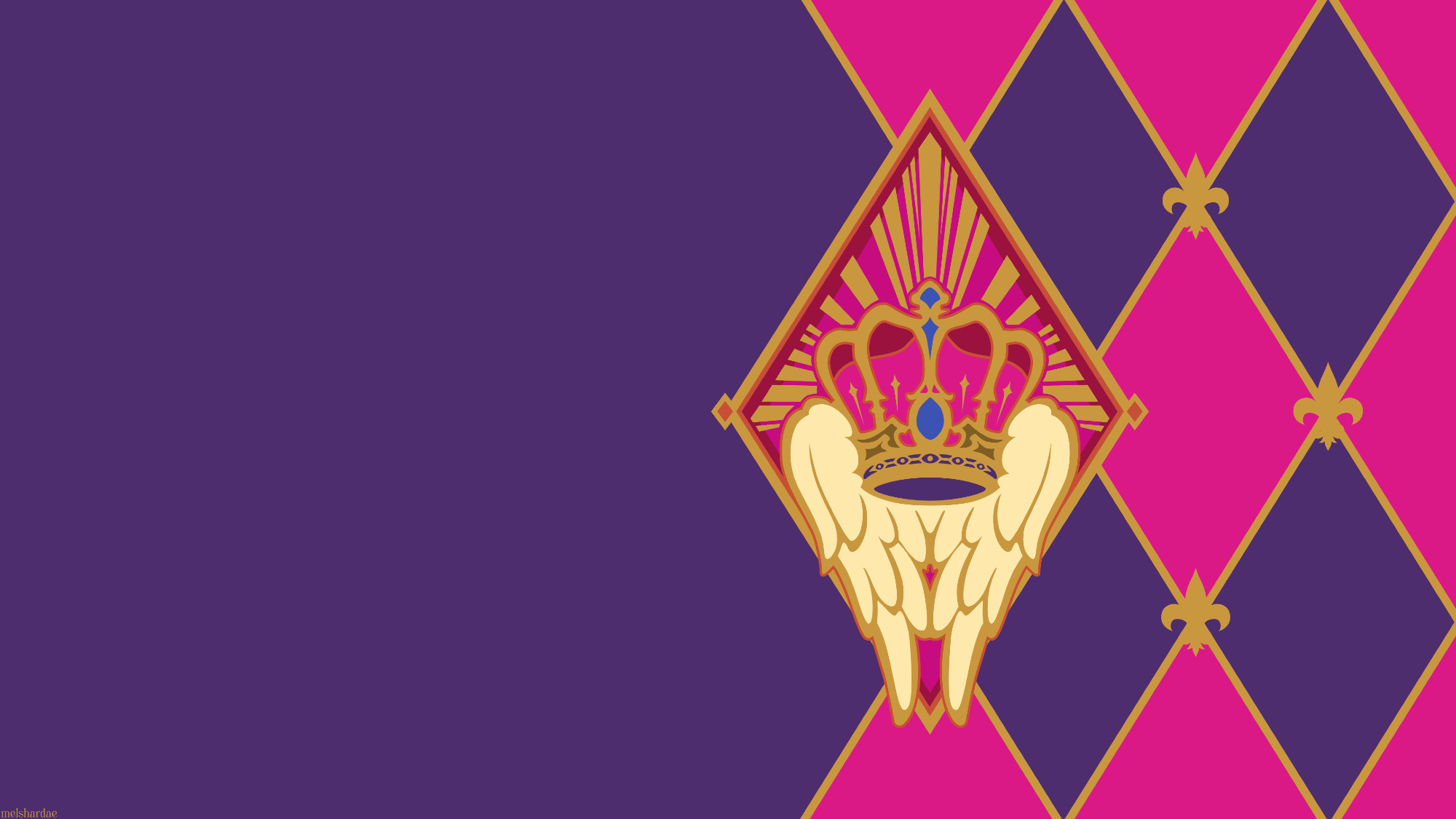 Desktop background inspired by the Eulmore crest from FFXIV. It has the crest on the middle right, with a pink and purple diamond pattern filling the rest of the right half and purple on the rest. 