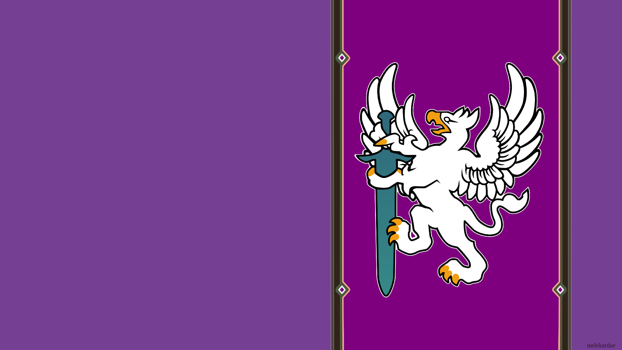 Desktop background inspired by the Ala Mhigan flag from FFXIV. It has the flag extended like a banner on the right side, with the griffin in the center of the banner. The rest of the background is a medium purple.