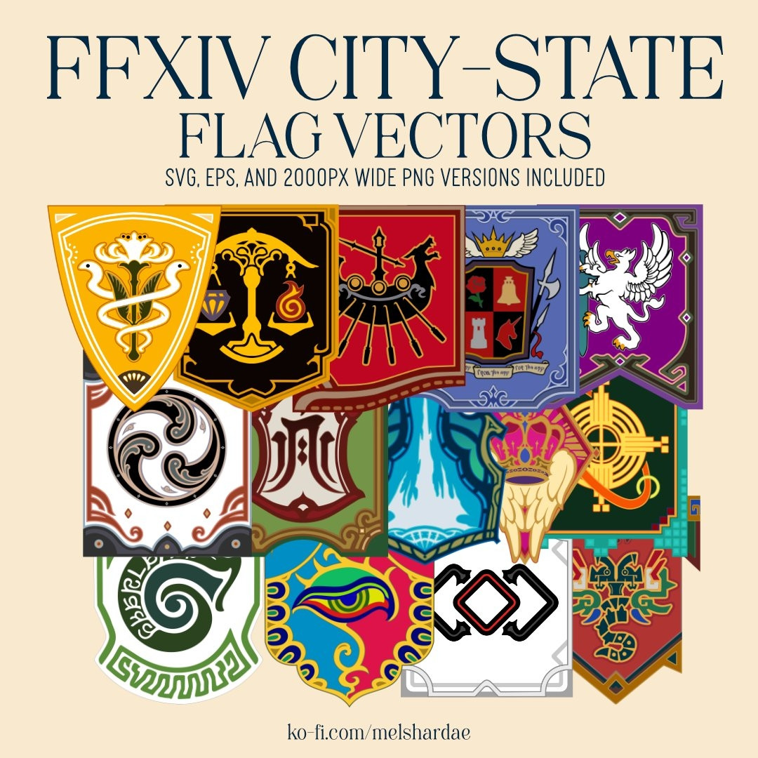 FFXIV City-state flag vectors

SVG, EPS, and 2000px PNG versions included

Rest of the image is a collage of 14 city state flags from FFXIV

Row 1: New Gridania, Ul'dah, Limsa Lominsa, Ishgard, and Ala Mhigo 
Row 2: Kugane, Doma, Crystarium, Eulmore, Bozja
Row 3: Sharlayan, Radz-at-Han, Garlemald, Tural