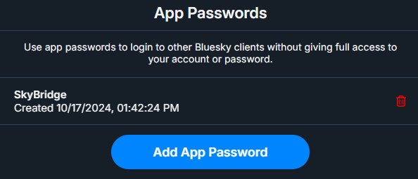 Screenshot of the Bluesky "App Passwords" setting screen

Text reads: "Use app passwords to login to other Bluesky clients without giving full access to your account or password."