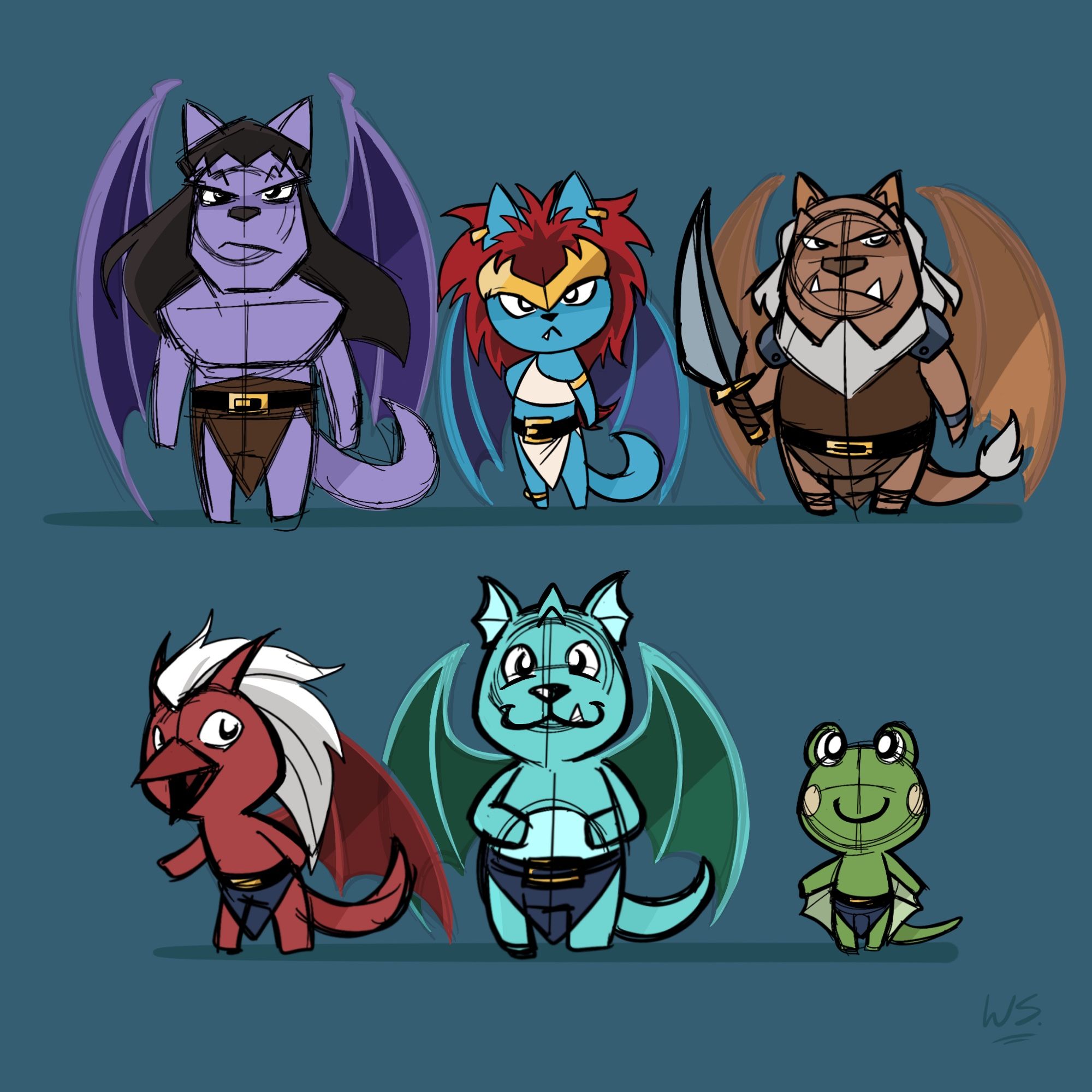 Fanart of Disney Gargoyles characters, Goliath, Demona, Hudson, Brooklyn, Broadway and Lexington, in the style of Animal Crossing.