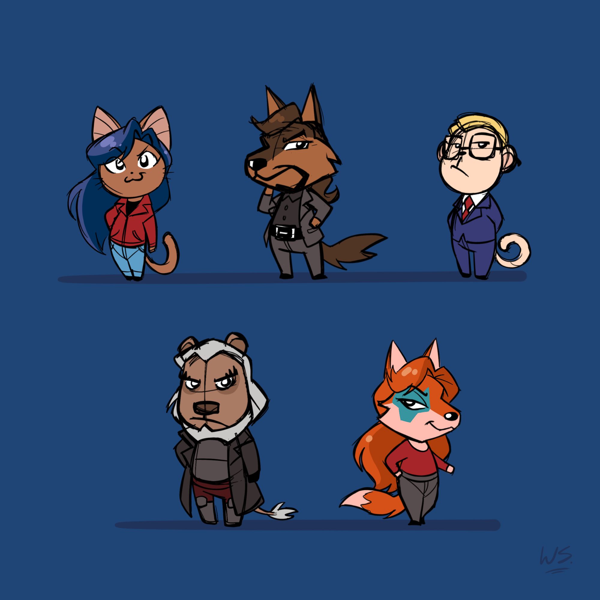 Fanart of Disney Gargoyles characters, Elisa Maza, David Xanatos, Owen Burnett, Macbeth and Fox in the style of Animal Crossing.