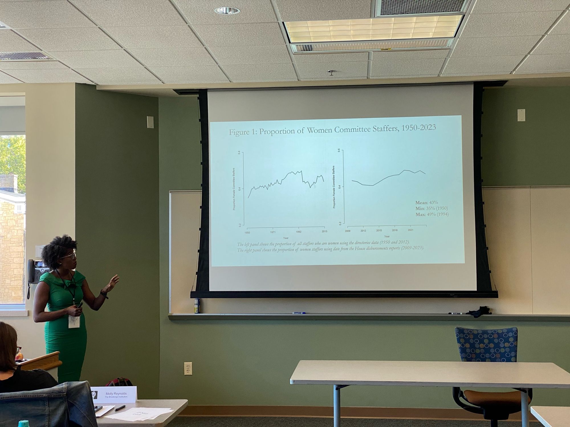 Woman presents slide with two line graphs.