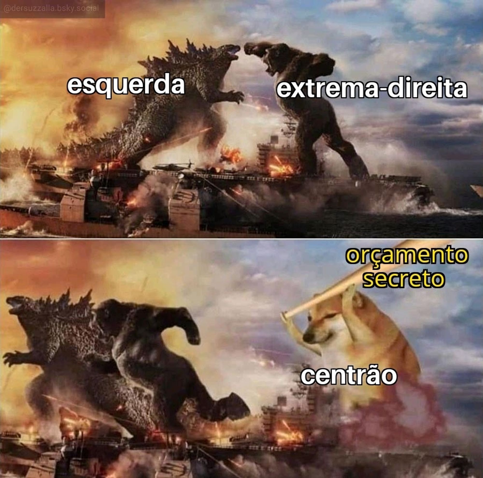 Godzilla (esquerda) e king Kong (extrema-direita) brigando e num segundo momento fugindo do doguinho (centrão) com um porrete chamado orçamento secreto