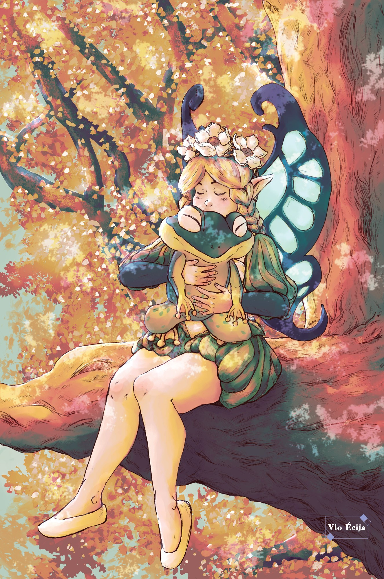 Illustration of Mercedes and Ingway from Odin Sphere sitting on a tree.