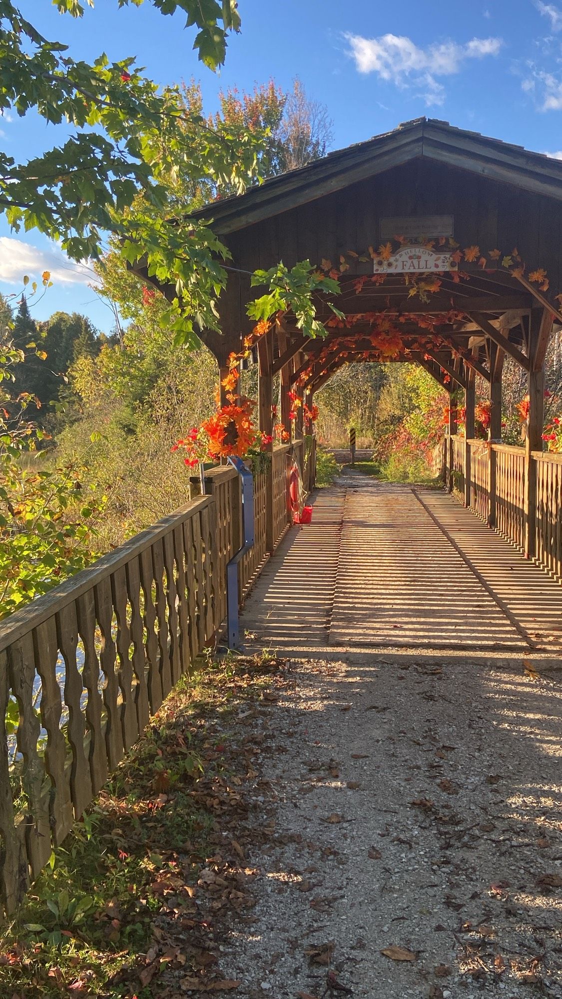 Covered bridge on Paint Lake, Muskoka all decked out for fall.