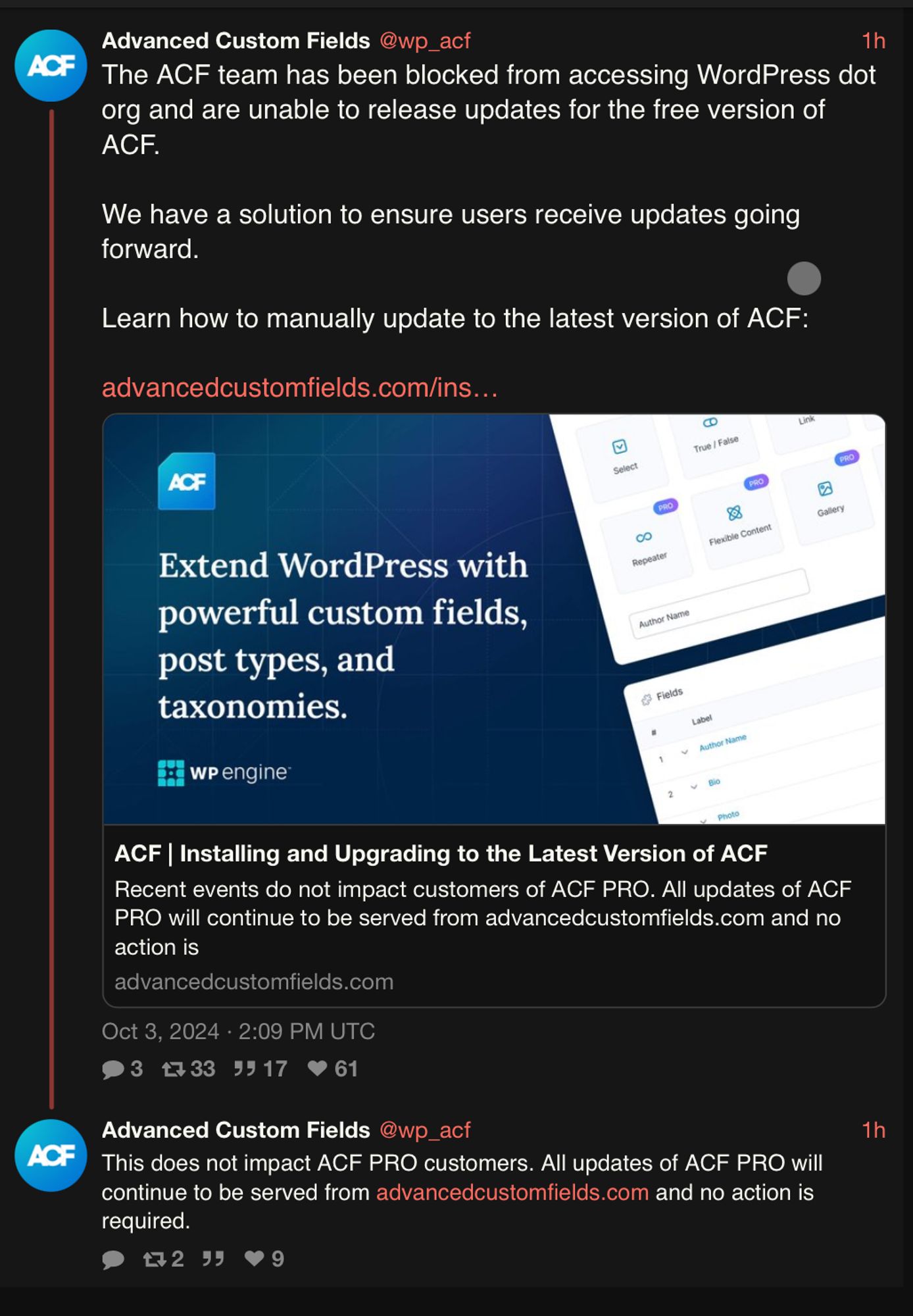 Advanced Custom Fields @w_acf
The ACF team has been blocked from accessing WordPress dot
org and are unable to release updates for the free version of
ACF.
We have a solution to ensure users receive updates going
forward.
Learn how to manually update to the latest version of ACF:
advancedcustomfields.com/ins...

This does not impact ACF PRO customers. All updates of ACF PRO will
continue to be served from advancedcustomfields.com and no action is
required.