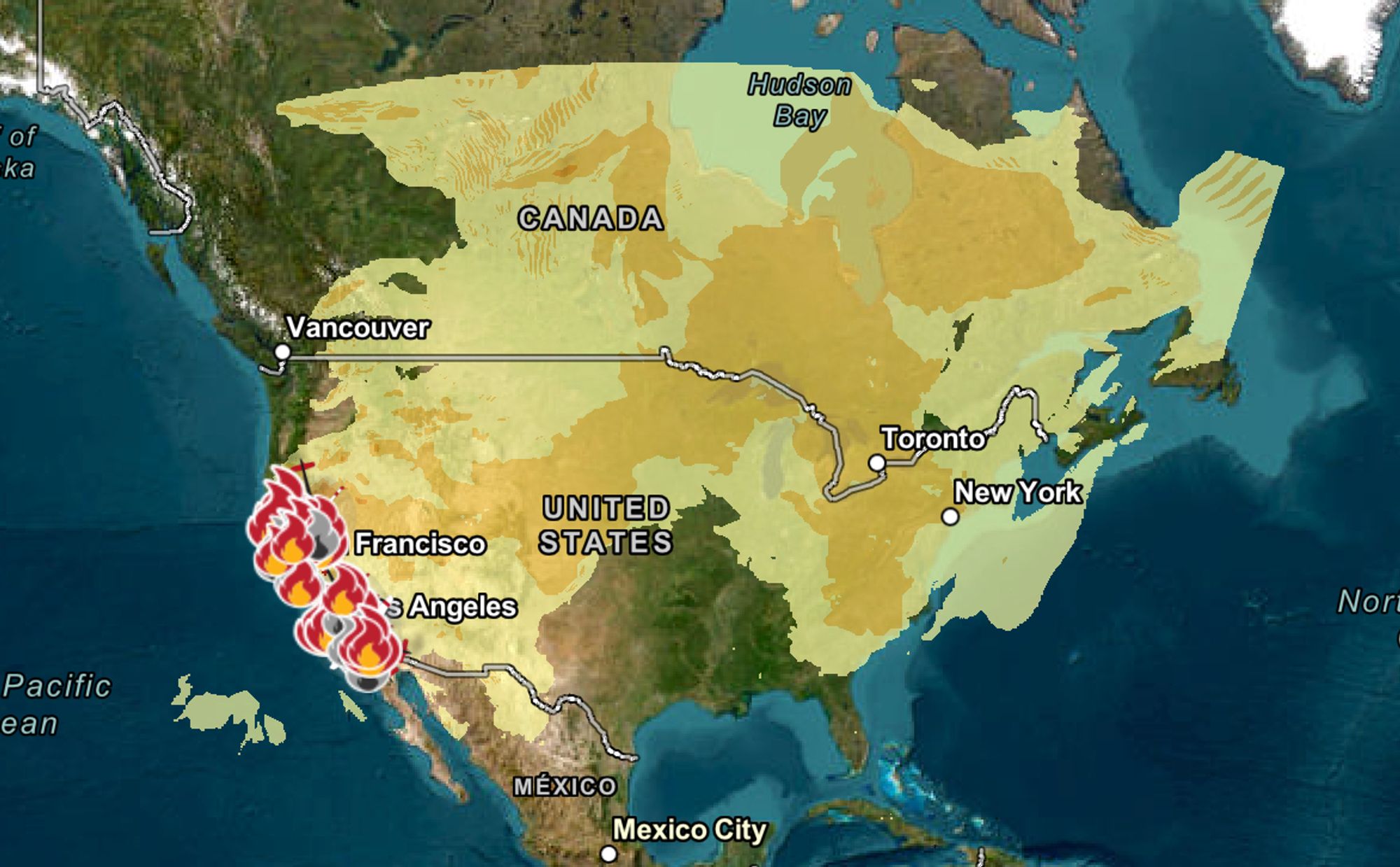 A map of North America showing where smoke from the Park fire is going. It covers most of the US except the deep South and southern midwest, and most of Canada as well. Fires in California are represented with red flame icons, and cover much of the state.