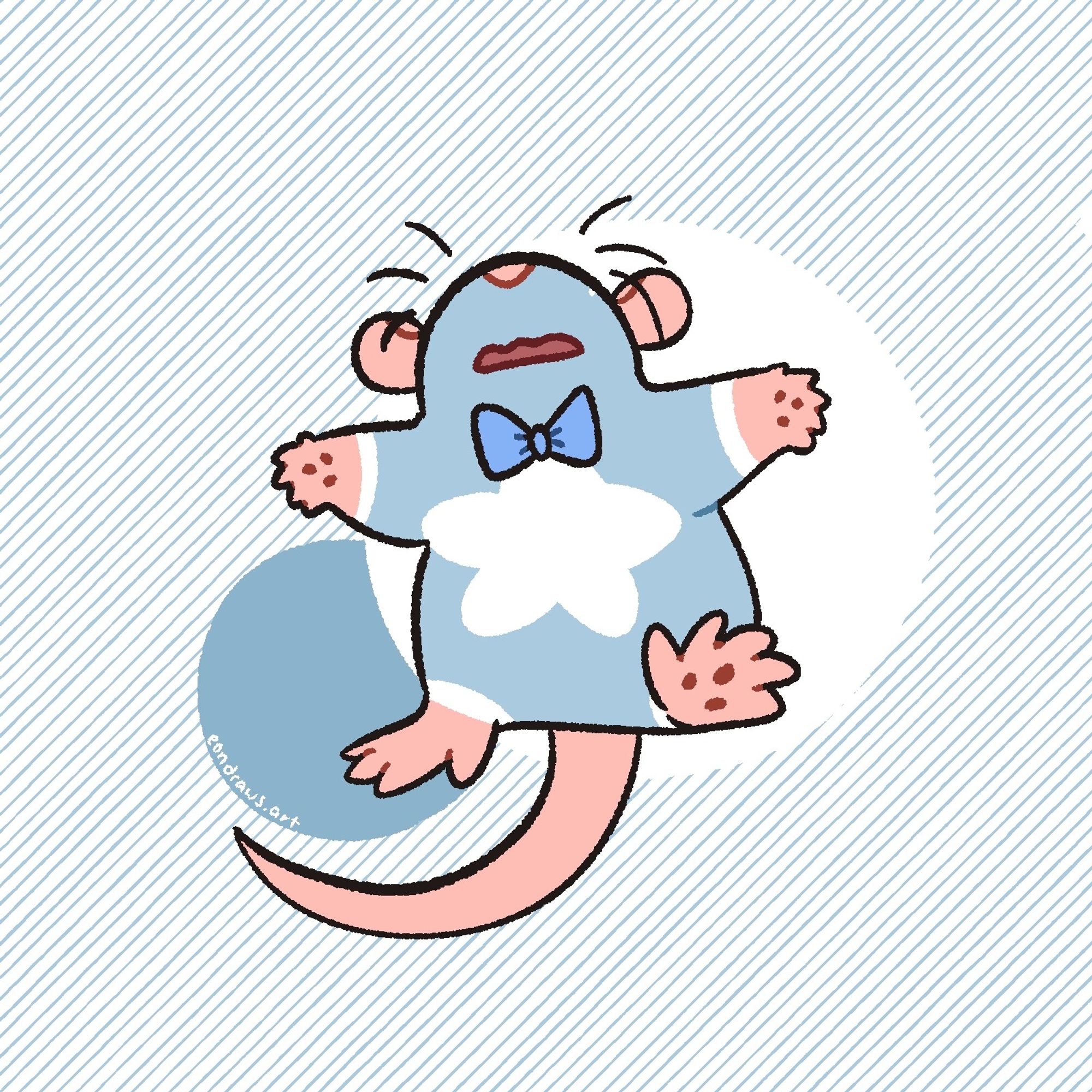 my rat OC doodle lies flat on his back, looking exhausted