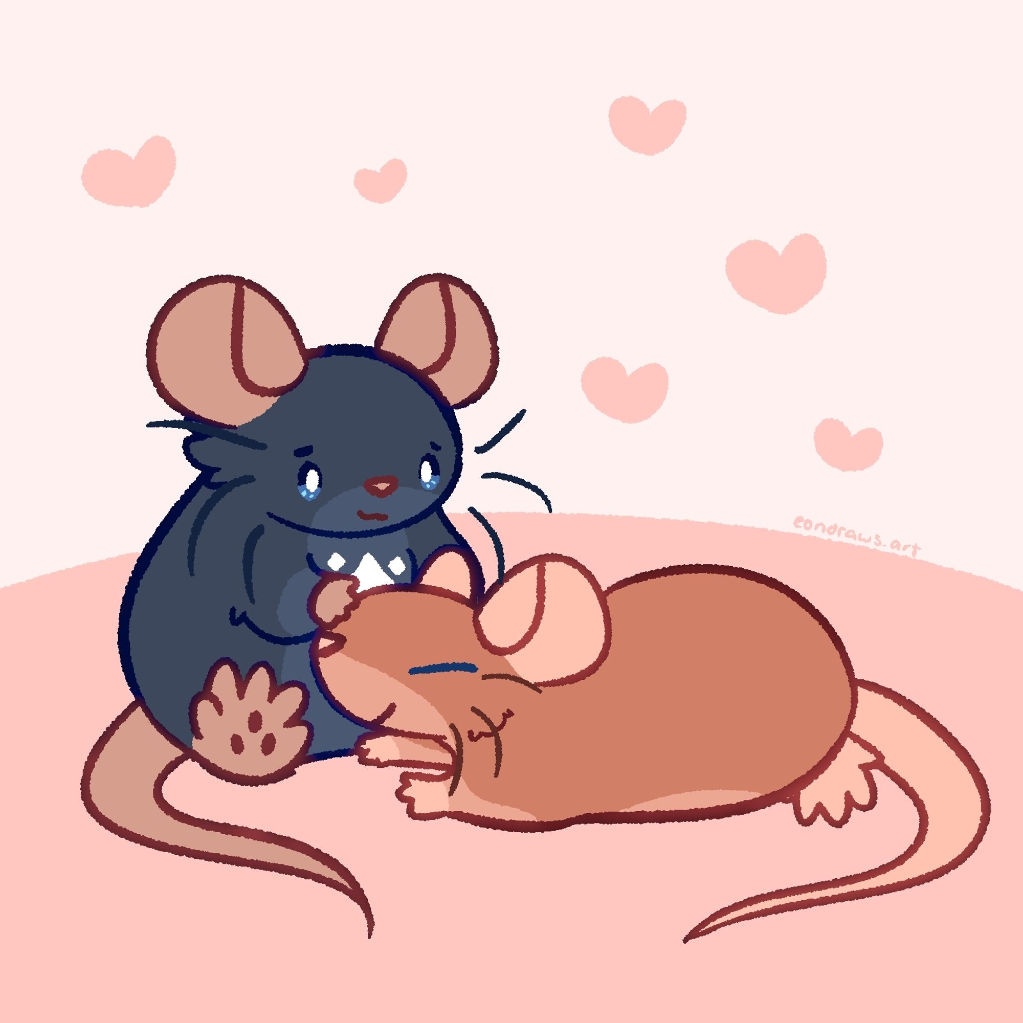 a dark blue rat with white star markings on her chest pets the snout of an orangey brown rat that happily snuggles up to her. there are many hearts around them