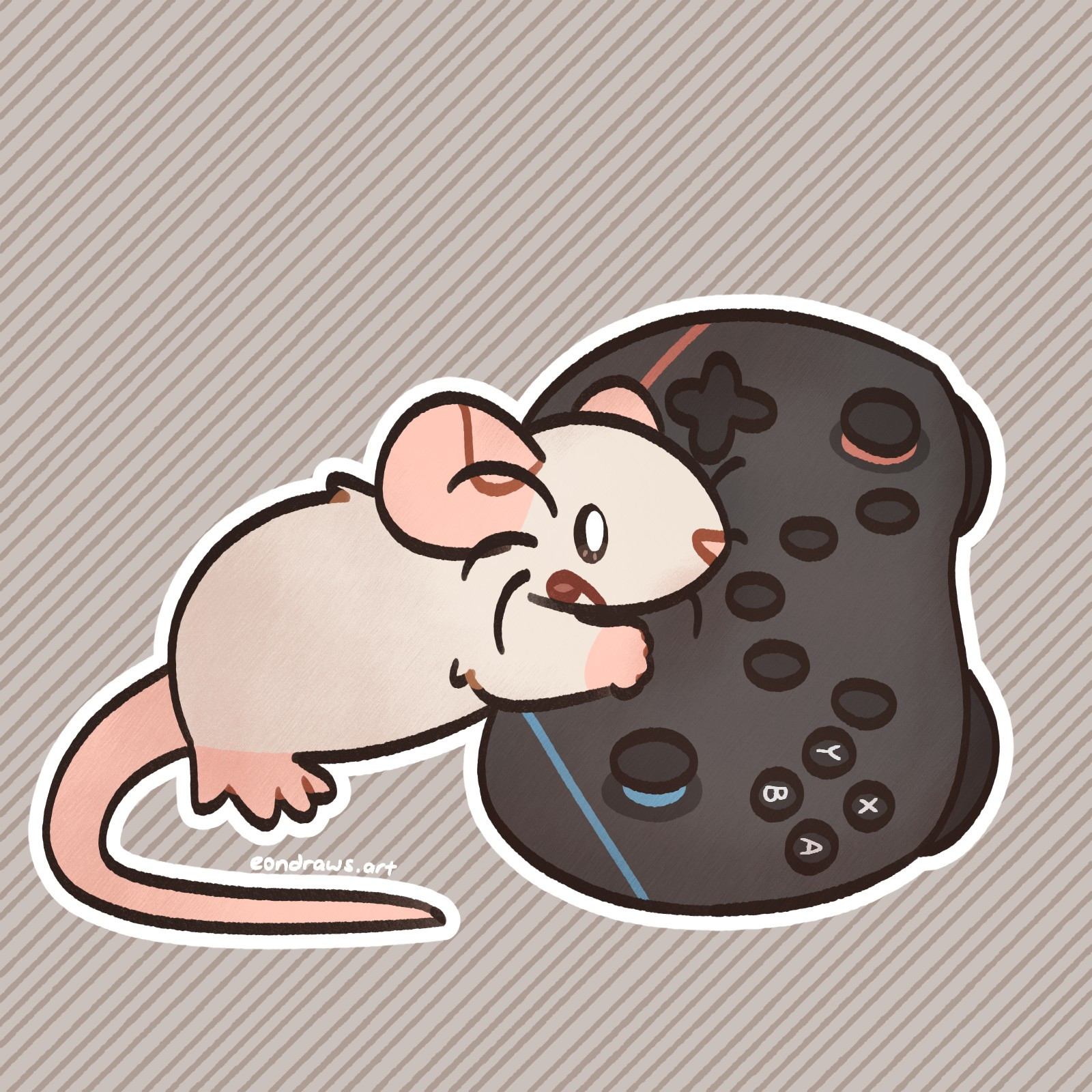 a cream dumbo rat places their front paws on a gaming controller. they stick their tongue out, looking like they're in deep concentration.

(reference pic by MXx7luvaaaa on twitter)