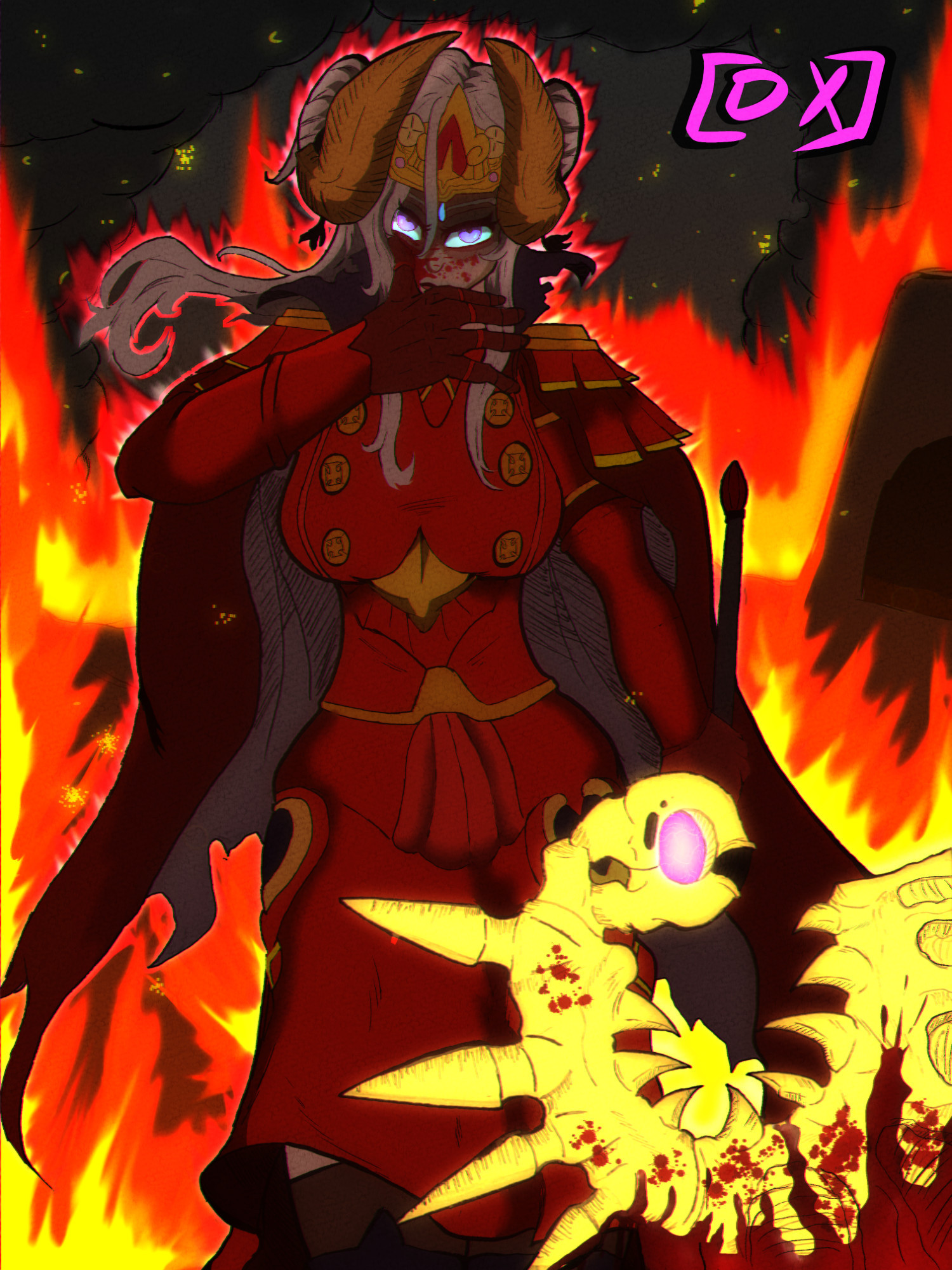 Edelgard Von Hresvelg, Flame Emperor, trudging through a burning battlefield stained by the blood of her enemies.