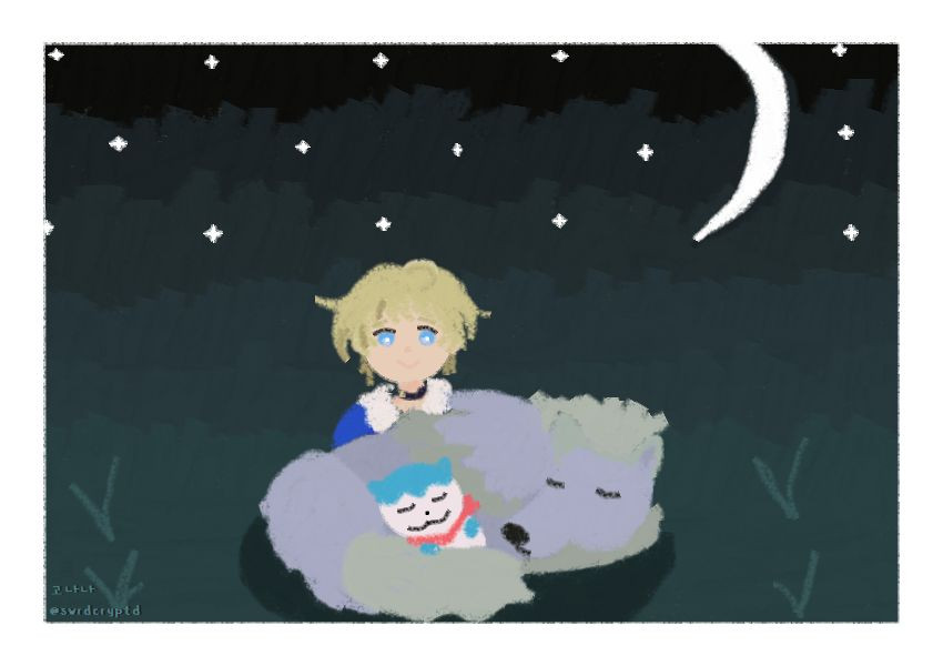 A doodle of Merrin fire emblem with her partner wolf and Sommie. Under a starry night sky with a crescent moon, Merrin is quietly watching her partner wolf and Sommie sleeping.