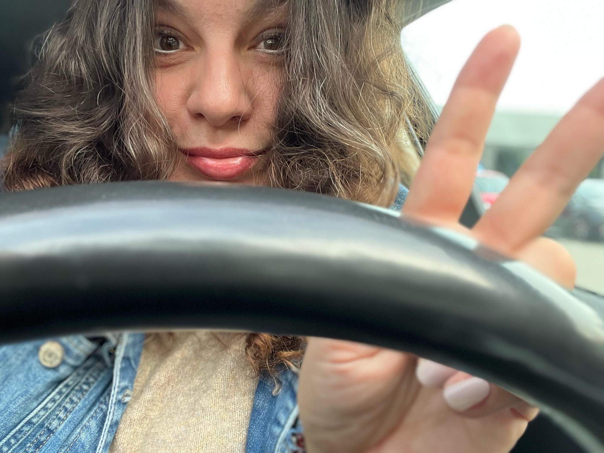 Selfie am Lenkrand. Die linke Hand zeigt das Victory-Zeichen. ✌️ 