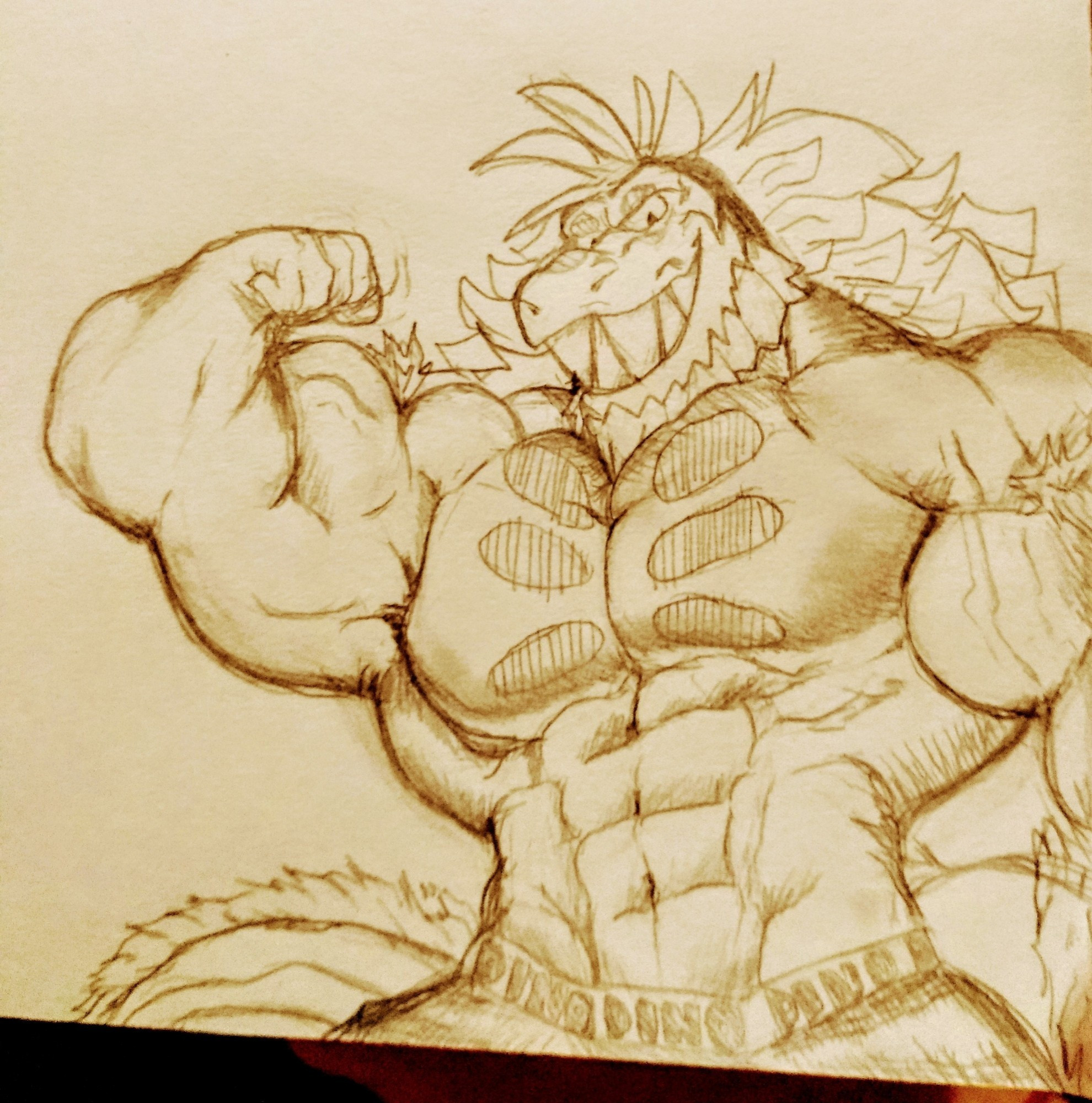 Dinosaur man flexing and grinning