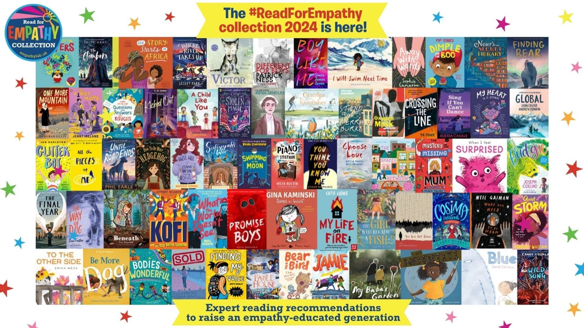 The 65 books chosen for the 2024 Empathy Day guide. Head to empathylab.uk/RFE-2024 to find out more about them.