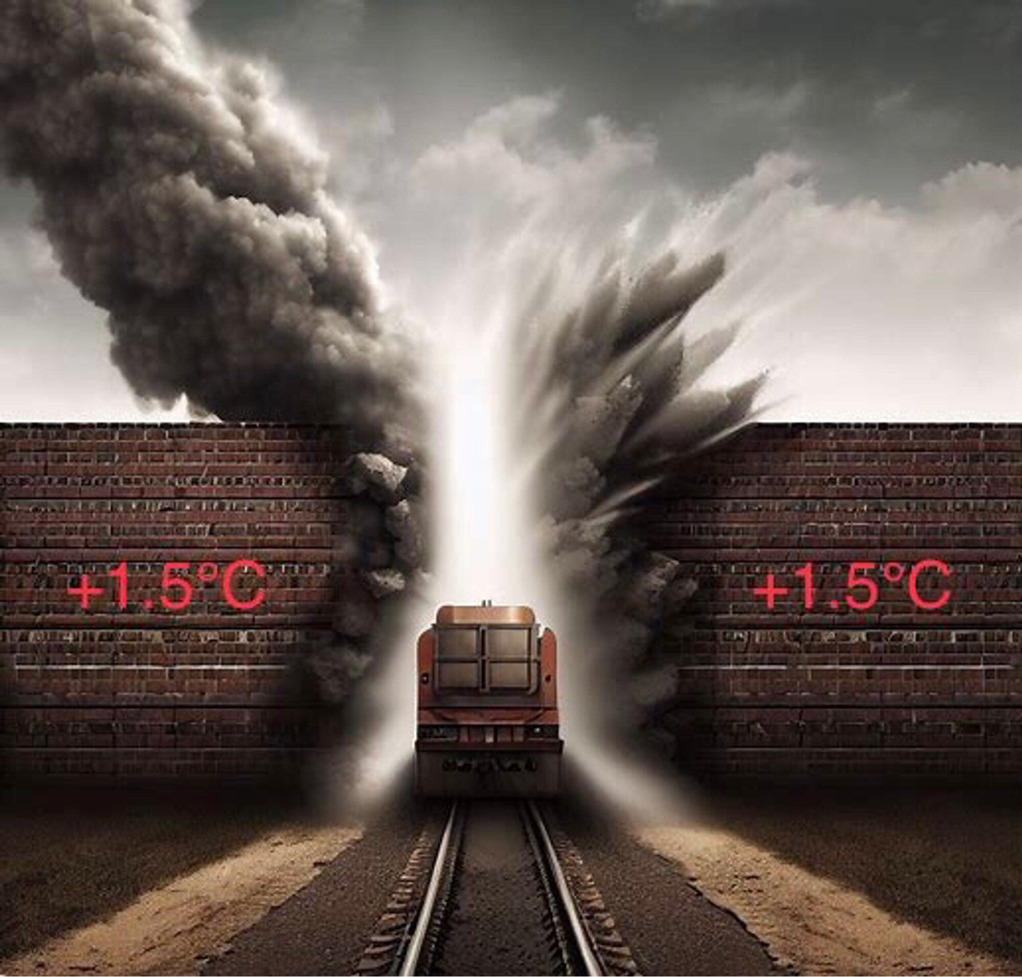 A locomotive smashing through a wall marked with +1.5°C