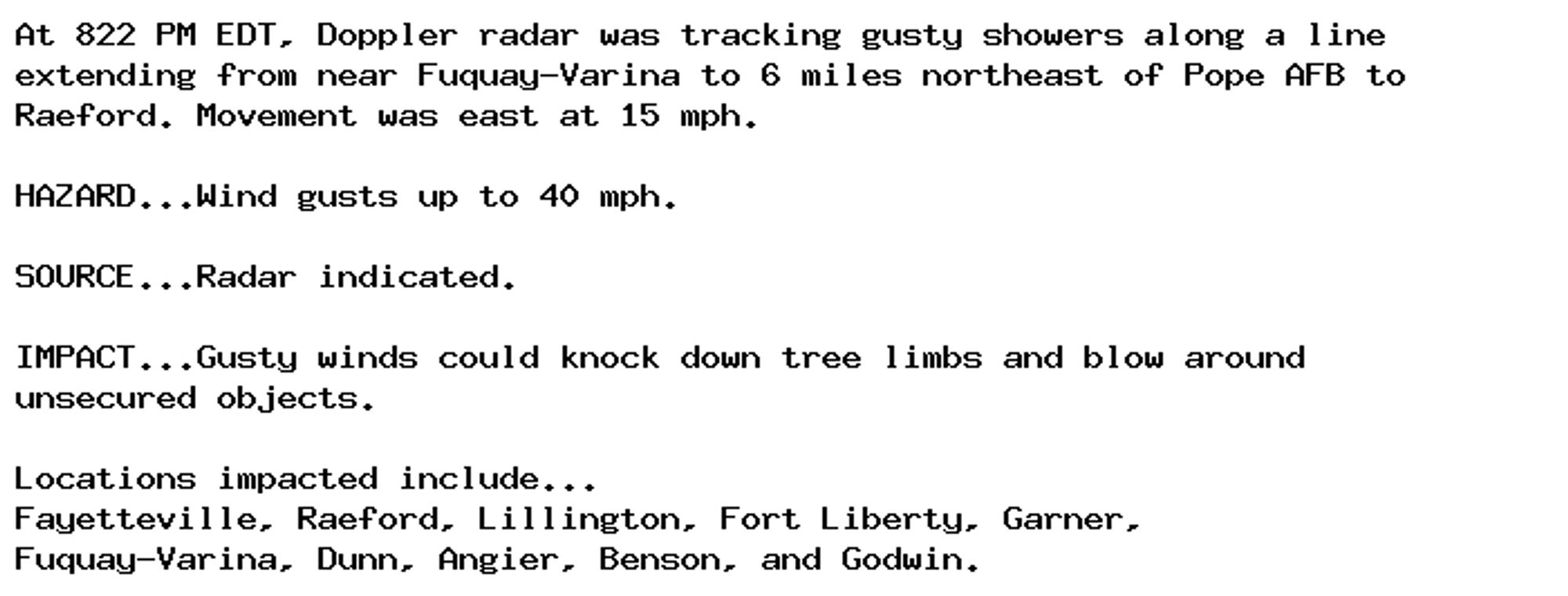 At 822 PM EDT, Doppler radar was tracking gusty showers along a line
extending from near Fuquay-Varina to 6 miles northeast of Pope AFB to
Raeford. Movement was east at 15 mph.

HAZARD...Wind gusts up to 40 mph.

SOURCE...Radar indicated.

IMPACT...Gusty winds could knock down tree limbs and blow around
unsecured objects.

Locations impacted include...
Fayetteville, Raeford, Lillington, Fort Liberty, Garner,
Fuquay-Varina, Dunn, Angier, Benson, and Godwin.