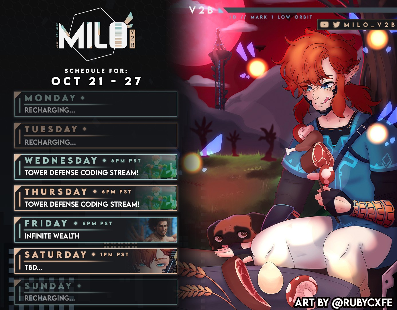 Milo's Schedule. Wedensday and Thursday are Tower Defense Coding Stream at 6pm PST. Friday is Like a Dragon Infinite Wealth at 6pm PST. Saturday is unplanned for content, but will start at 1pm PST.