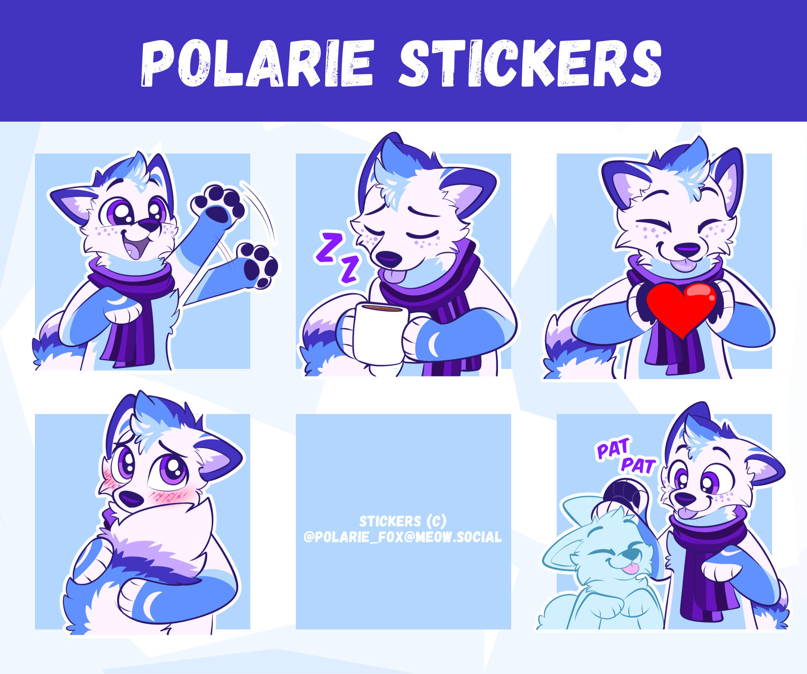 Sticker presentation showcase. It shows my 5 new stickers: Wave, tired with coffee, holding a red heart, shy tail holding and patting a ych on the head.